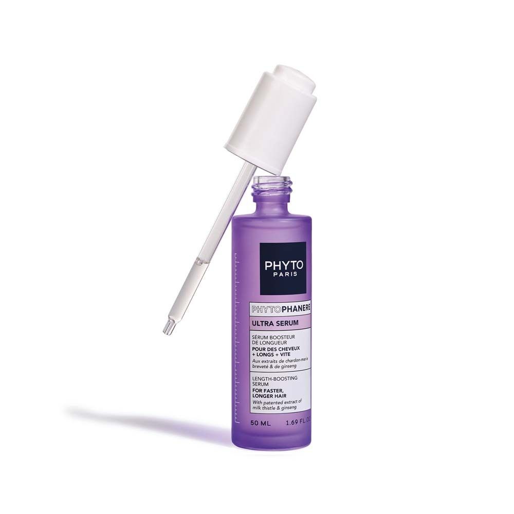 Phyto Paris Ultra Serum Flasche mit Pipette. Lila Glasflasche mit weißem Pipettenaufsatz.