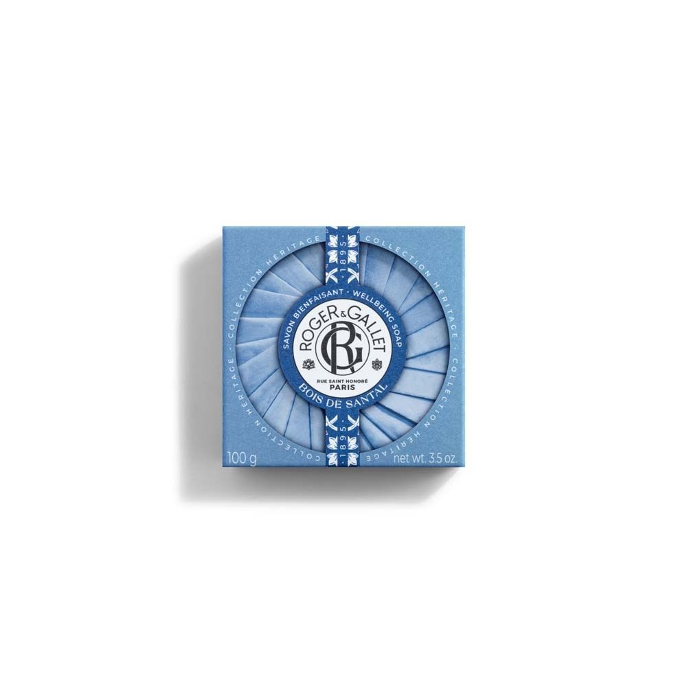 Blaue Produktverpackung mit Sichtfenster für eine runde Seife, Roger & Gallet Logo und Gewichtsangabe.