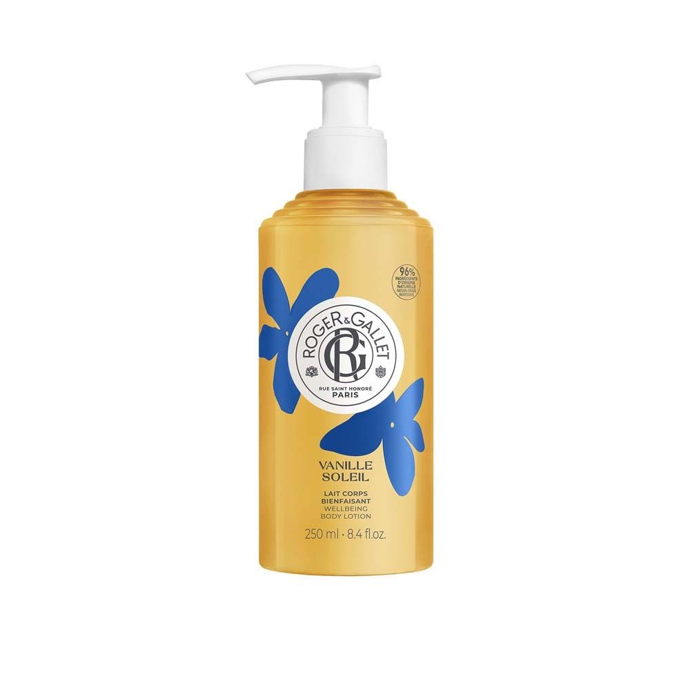 Gelbe Flasche mit Pumpe. Blaue Blumenmuster. Text: Vanille Soleil, Lait Corps, 250 ml. Logo: Roger & Gallet.