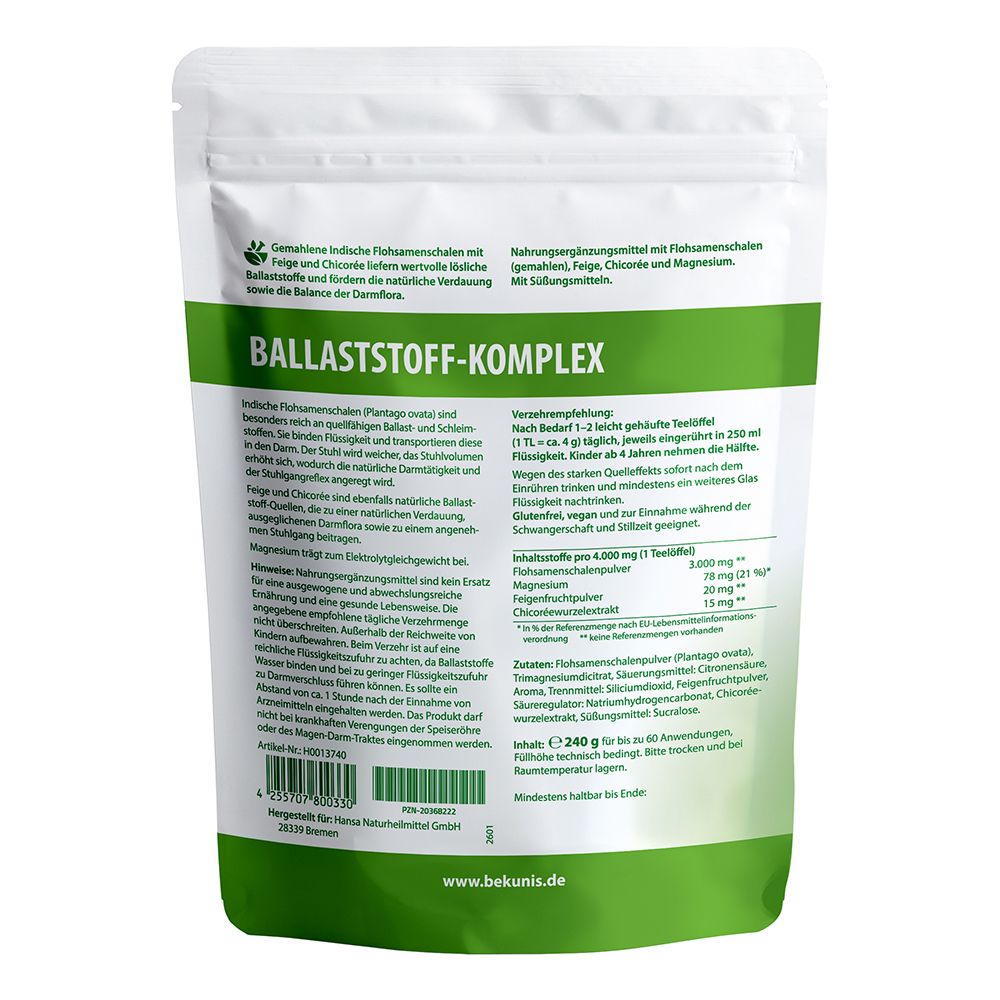 Rückseite Bekunis Ballaststoff-Komplex: Beutel mit detaillierten Anwendungshinweisen, Inhaltsstoffen und Nährwertangaben.