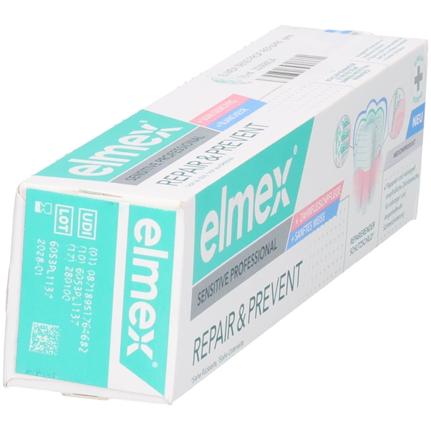Elmex Sensitive Professional Repair & Prevent Zahnpasta-Verpackung, Seitenansicht mit Chargen- und UDI-Nummern.