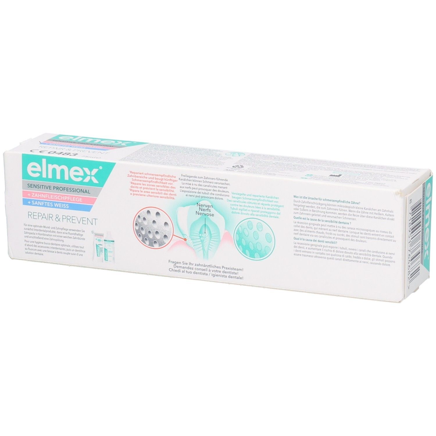 Rückseite der Elmex Sensitive Professional Repair & Prevent Zahnpasta-Verpackung mit detaillierten Grafiken zur Wirkung.