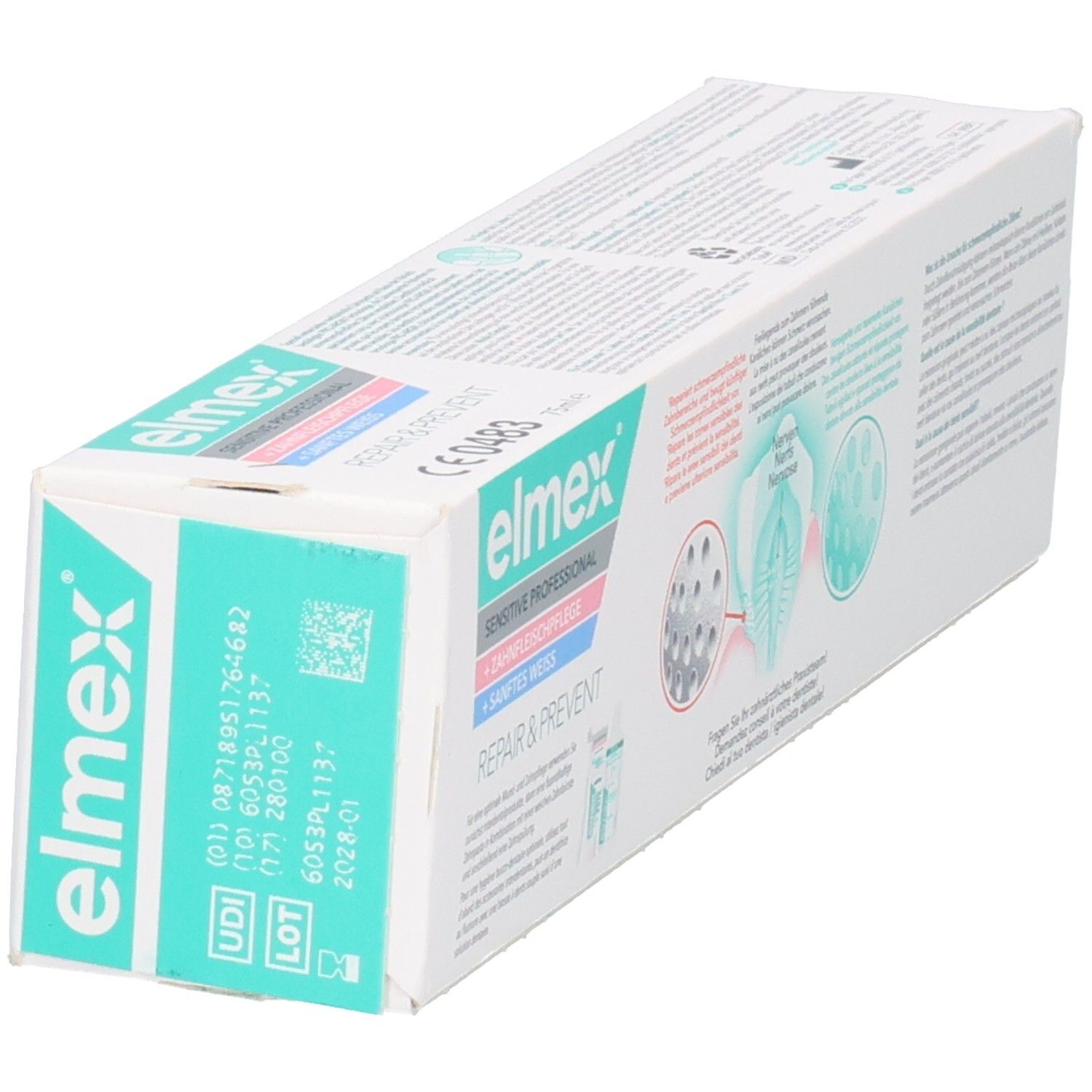Elmex Sensitive Professional Repair & Prevent Zahnpasta-Verpackung, schräge Ansicht mit Chargen- und UDI-Nummern.