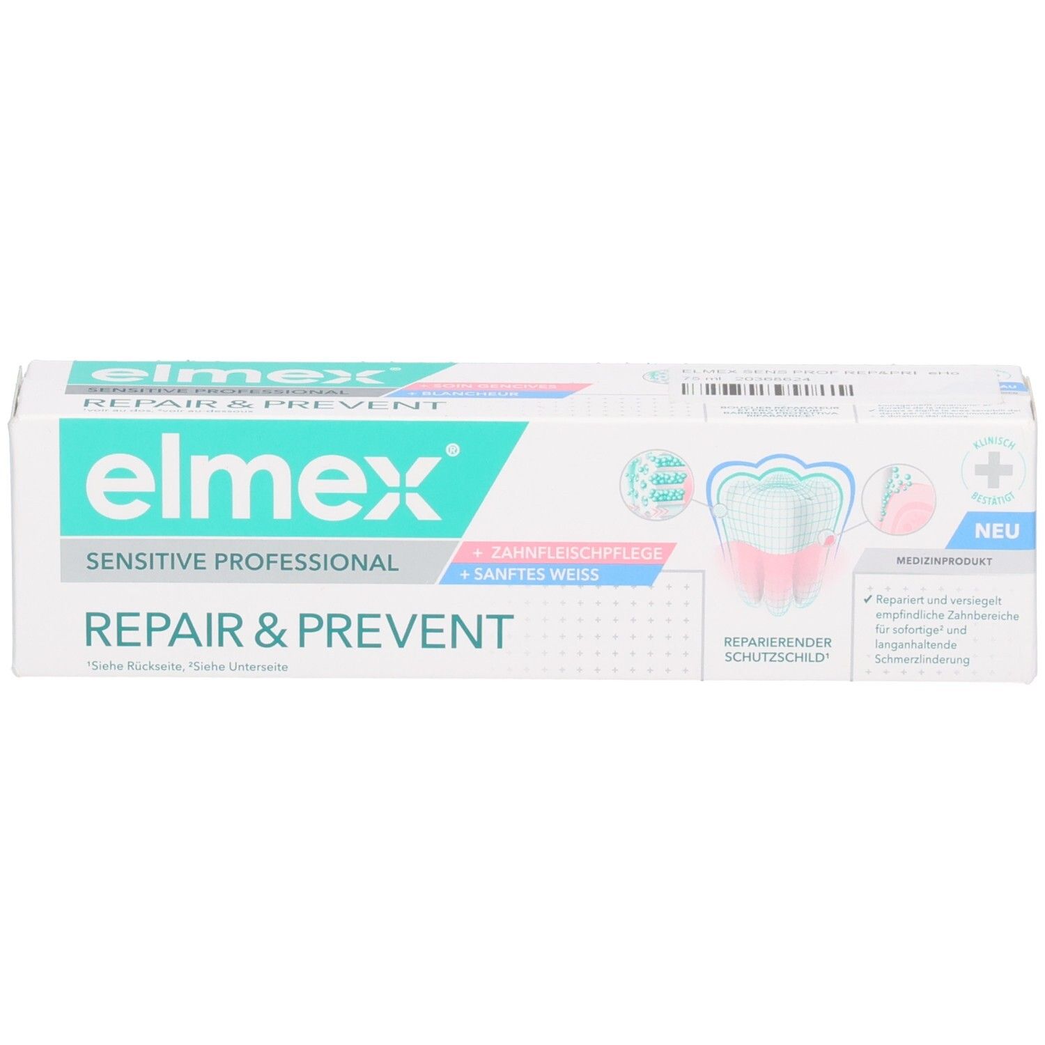 Elmex Sensitive Professional Repair & Prevent Zahnpasta-Verpackung mit Fokus auf die Vorderseite und Produktvorteile.