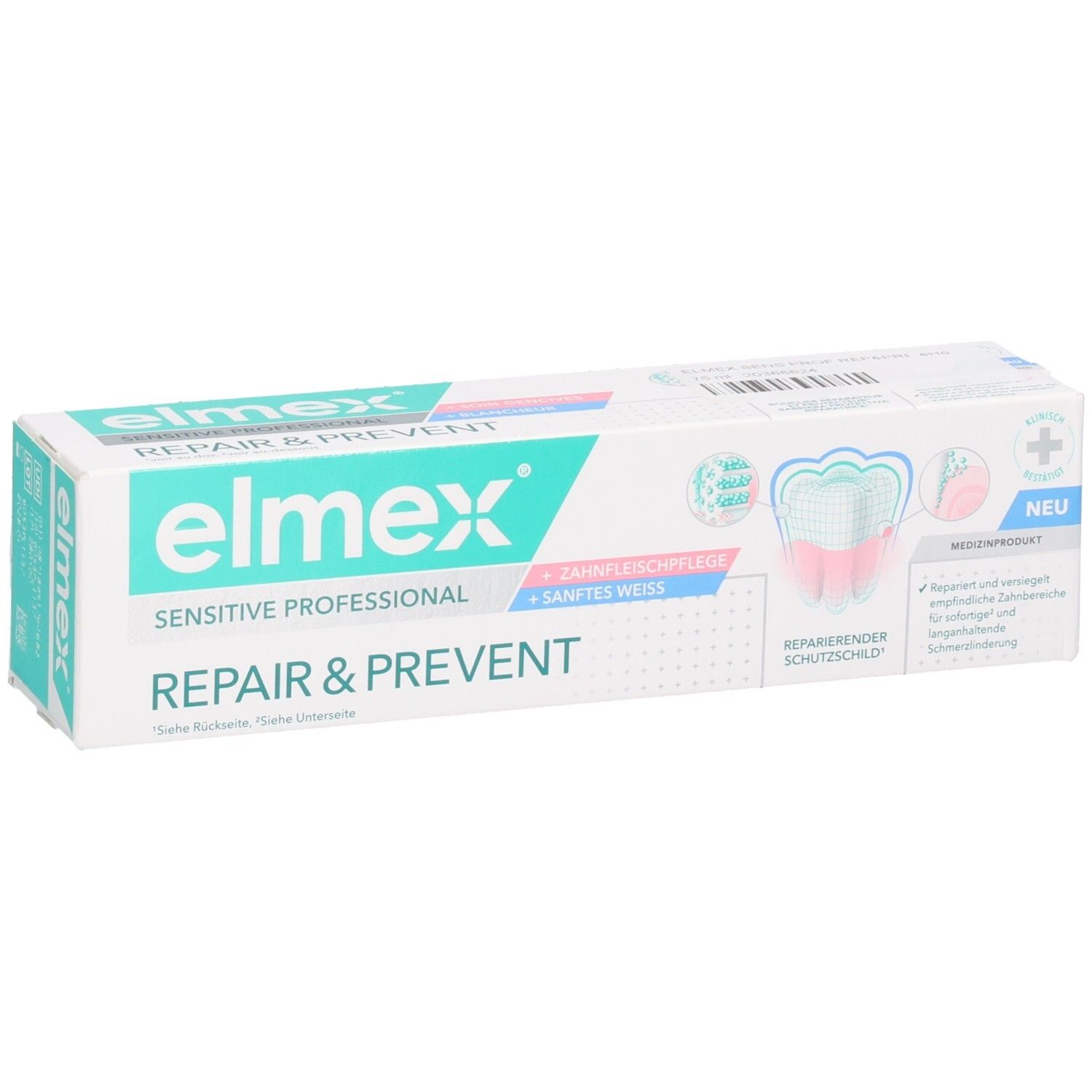 Elmex Sensitive Professional Repair & Prevent Zahnpasta-Verpackung, Vorderansicht mit Hervorhebung der "Neu"-Kennzeichnung.