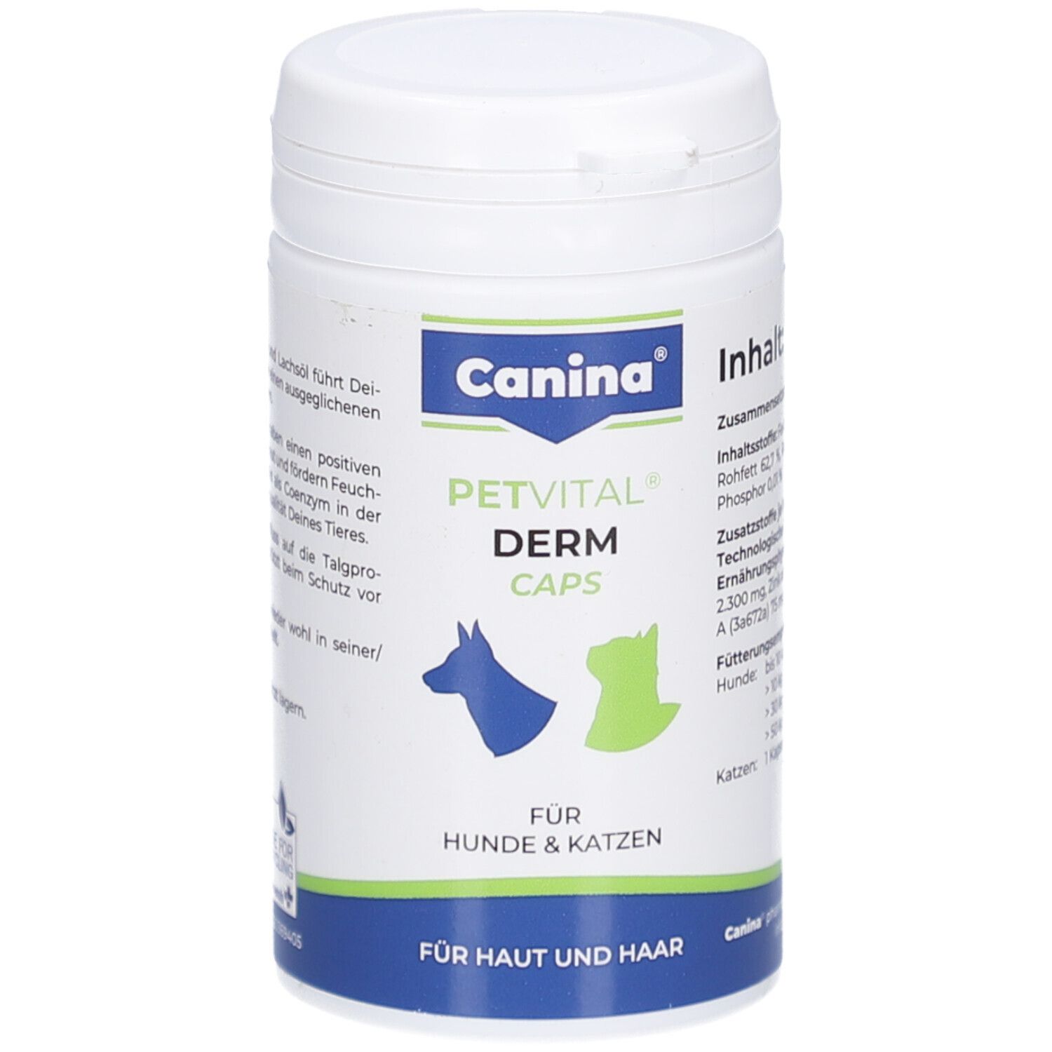 Weiße Dose mit blauem und grünem Etikett. Aufschrift: PETVITAL DERM CAPS, für Hunde & Katzen. Für Haut und Haar.