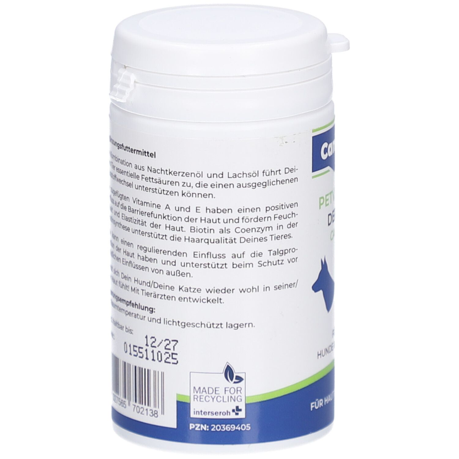 Weiße Dose mit Text. Aufschrift: Made for Recycling. Mindesthaltbarkeit 12/27. PZN: 20369405. Barcode.