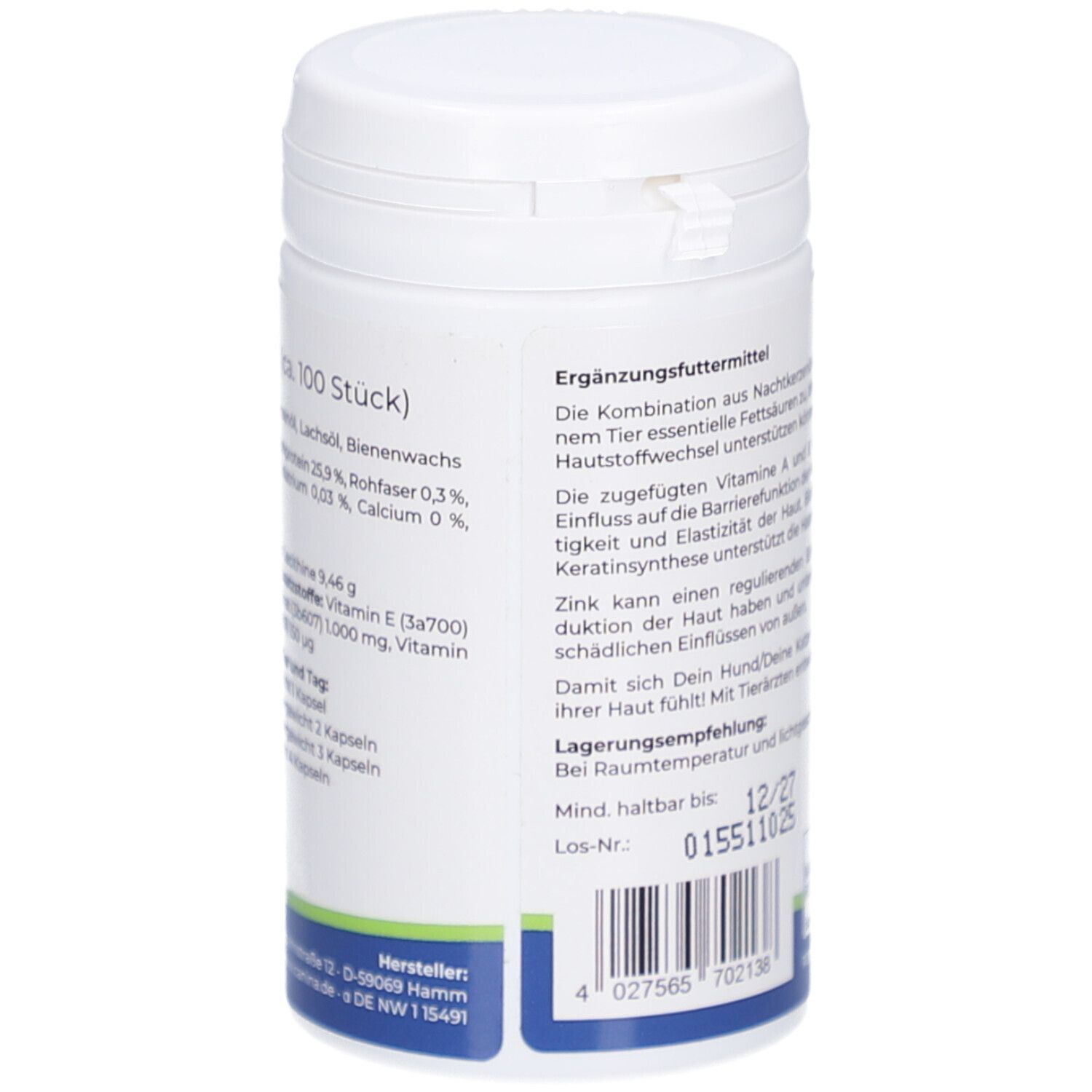 Weiße Dose mit Text. Aufschrift: Ergänzungsfuttermittel. Mindesthaltbarkeit 12/27. Los-Nr.: 015511025. Barcode.