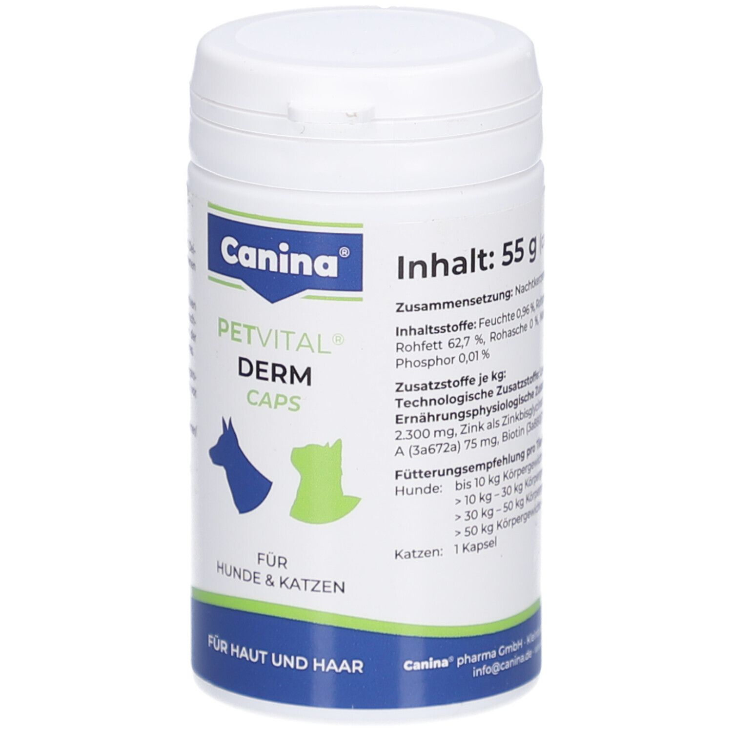 Weiße Dose mit blauem und grünem Etikett. Aufschrift: Canina, PETVITAL DERM CAPS, für Hunde & Katzen. Inhalt: 55 g.