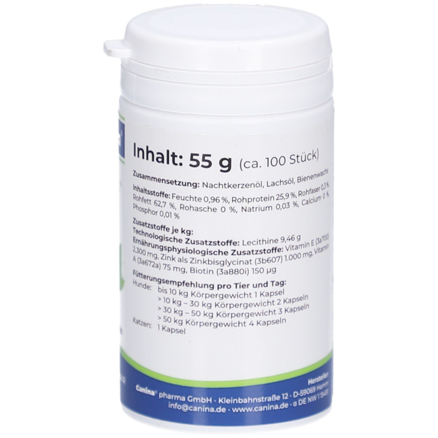 Weiße Dose mit Text. Aufschrift: Inhalt: 55 g (ca. 100 Stück). Zusammensetzung. Fütterungsempfehlung. Barcode.
