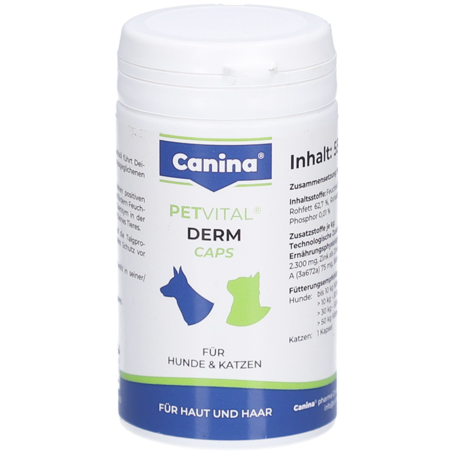 Weiße Dose mit blauem und grünem Etikett. Aufschrift: Canina, PETVITAL DERM CAPS, für Hunde & Katzen. Inhalt: 55 g.