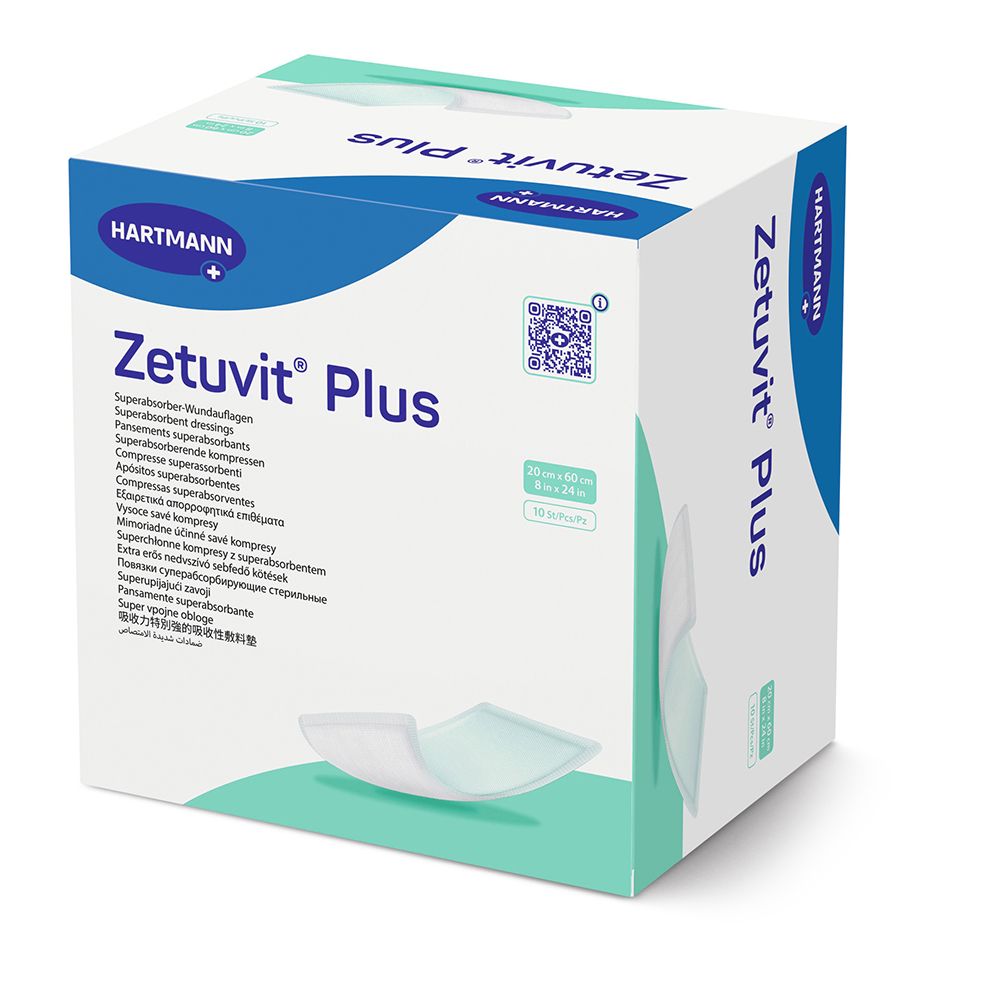 Verpackung Zetuvit Plus Superabsorber-Wundauflagen, steril, 20 x 60 cm.