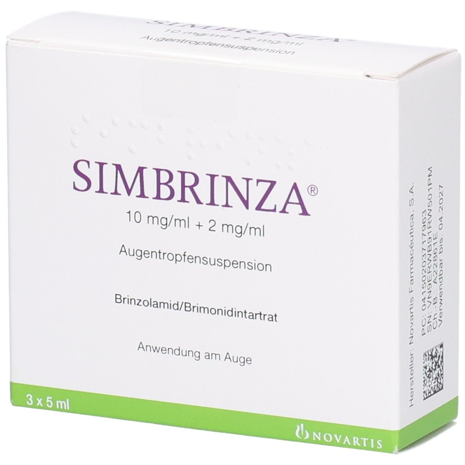 Weiße Schachtel mit SIMBRINZA-Aufdruck. Enthält 3x5 ml Augentropfensuspension. Grüne Akzente. Novartis-Logo.