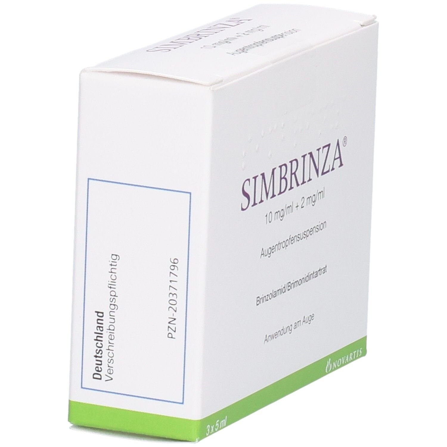 Weiße Schachtel mit SIMBRINZA-Aufdruck. Enthält 3x5 ml Augentropfensuspension. PZN-20371796.