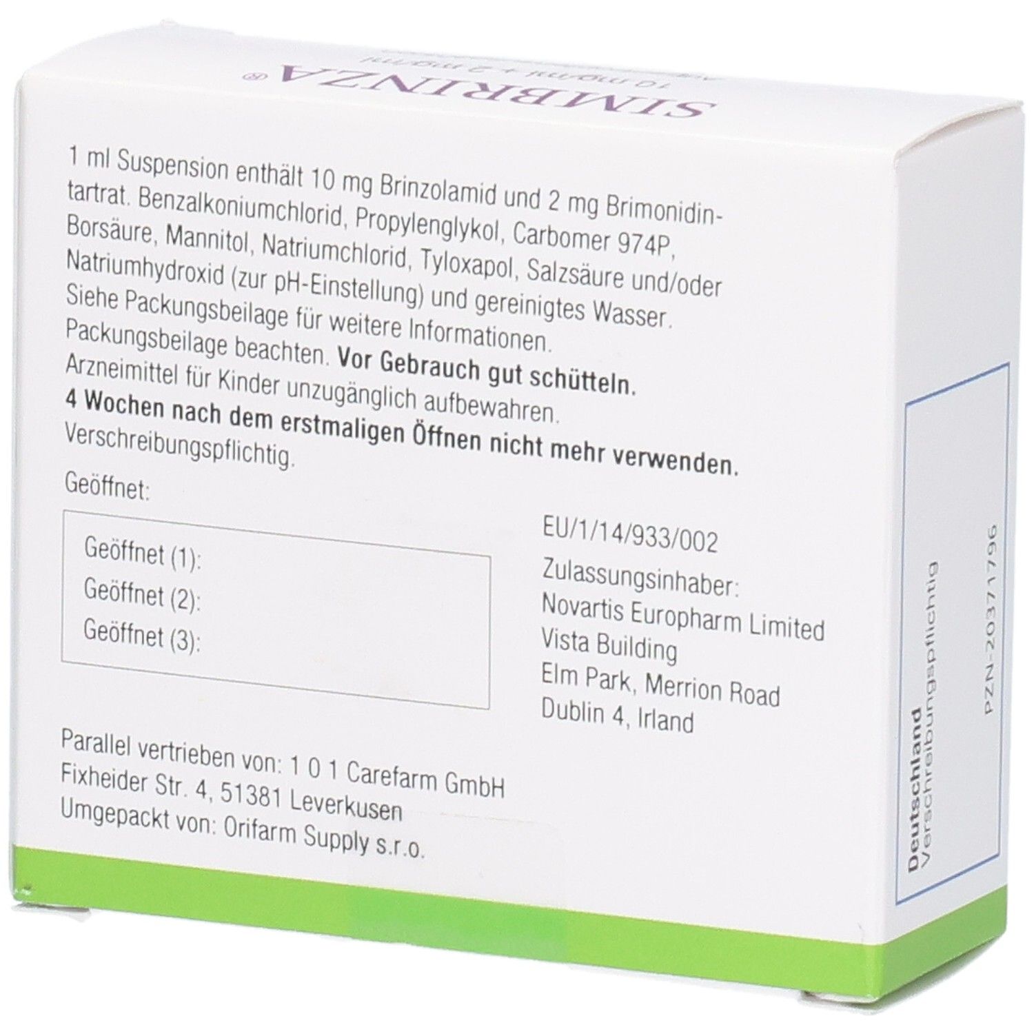Rückseite der weißen SIMBRINZA-Schachtel. Textinformationen, Inhaltsstoffe, Hersteller. EU- und PZN-Nummern.