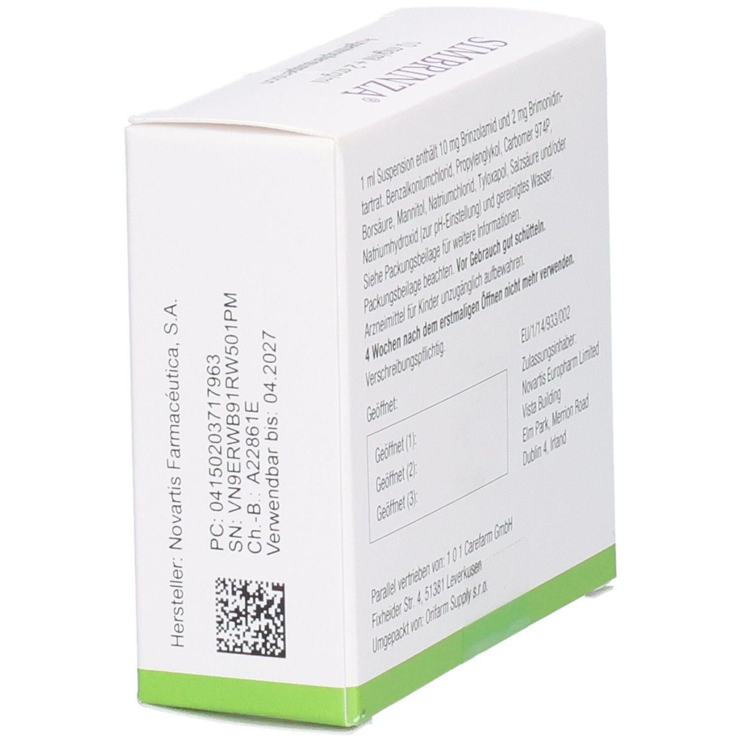 Rückseite der weißen SIMBRINZA-Schachtel. Textinformationen, Inhaltsstoffe, Hersteller. EU- und PZN-Nummern.