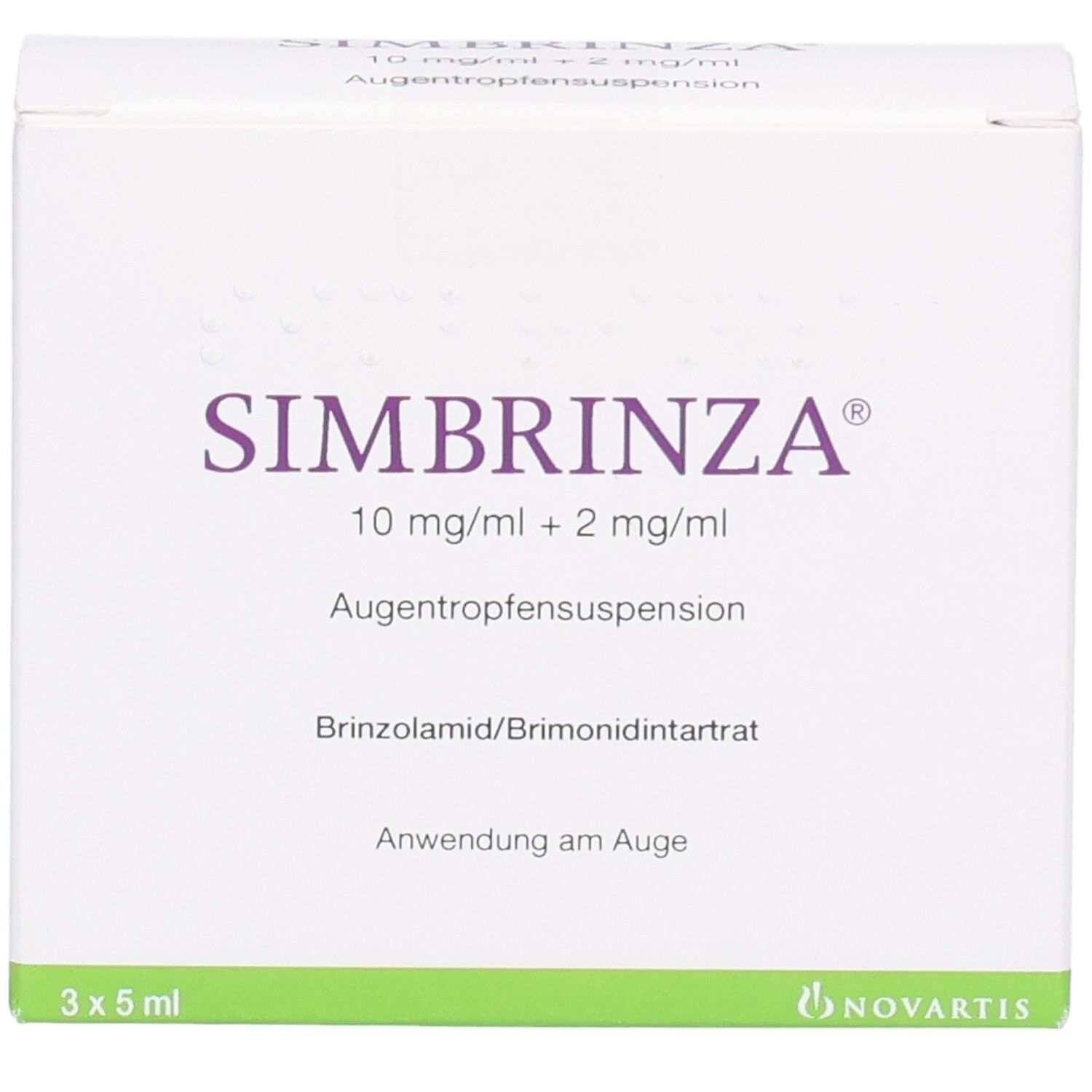 Weiße Schachtel mit SIMBRINZA-Aufdruck. Enthält 3x5 ml Augentropfensuspension. Grüne Akzente. Novartis-Logo.