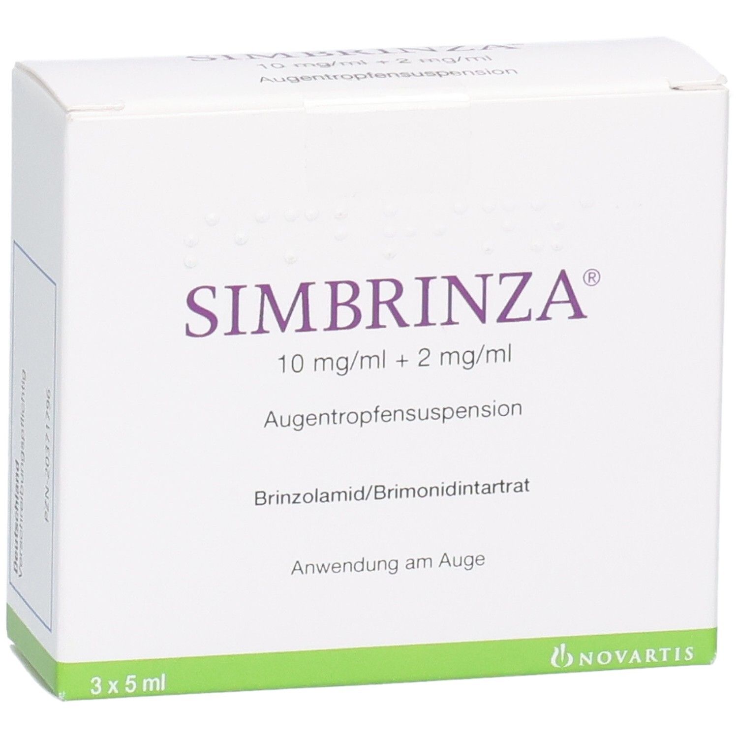 Weiße Schachtel mit SIMBRINZA-Aufdruck. Enthält 3x5 ml Augentropfensuspension. Grüne Akzente. Novartis-Logo.