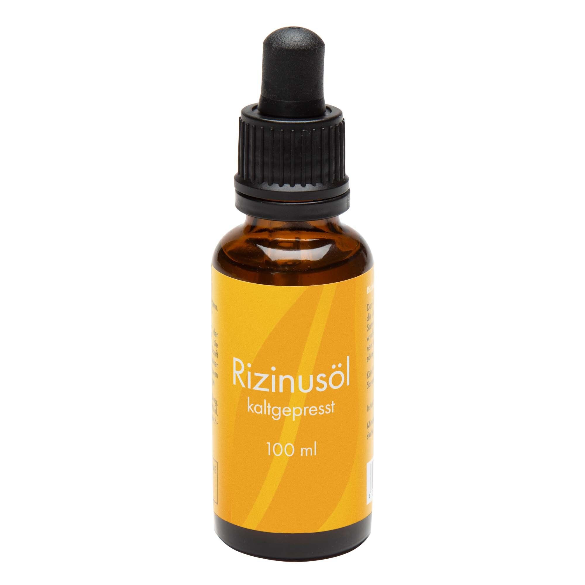 Braune Glasflasche mit schwarzem Verschluss und Pipette. Gelbes Etikett mit Aufschrift Rizinusöl kaltgepresst und 100 ml.