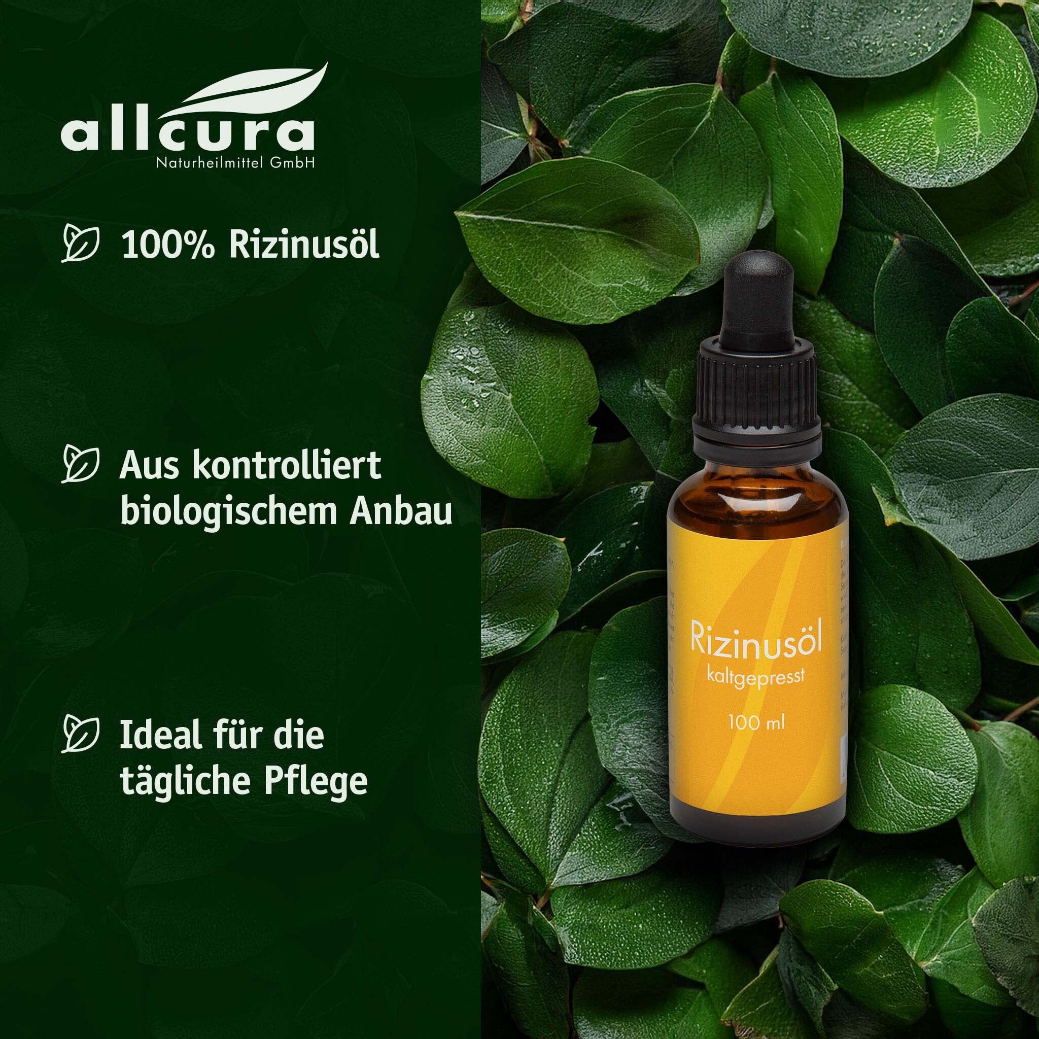 Braune Flasche Rizinusöl mit Pipette, umgeben von grünen Blättern. Logo allcura oben links. Text: 100% Rizinusöl.