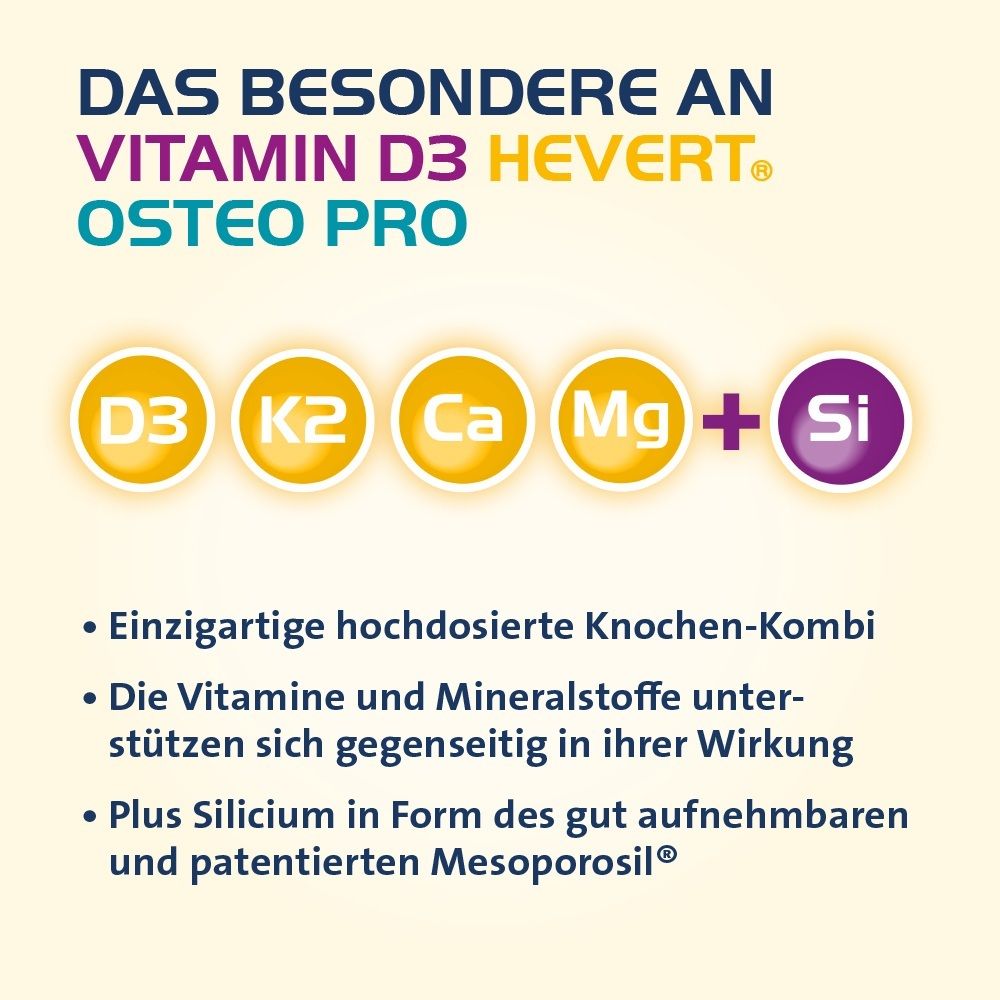 Besonderheiten von Vitamin D3 Hevert Osteo Pro: Hochdosierte Knochen-Kombi mit Silicium (Mesoporosil®).