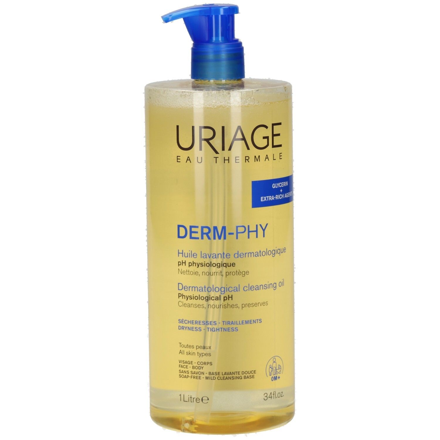 Klare Flasche mit blauem Pumpverschluss. Aufschrift URIAGE, DERM-PHY, und weitere Produktinformationen. Gelbliche Flüssigkeit sichtbar.