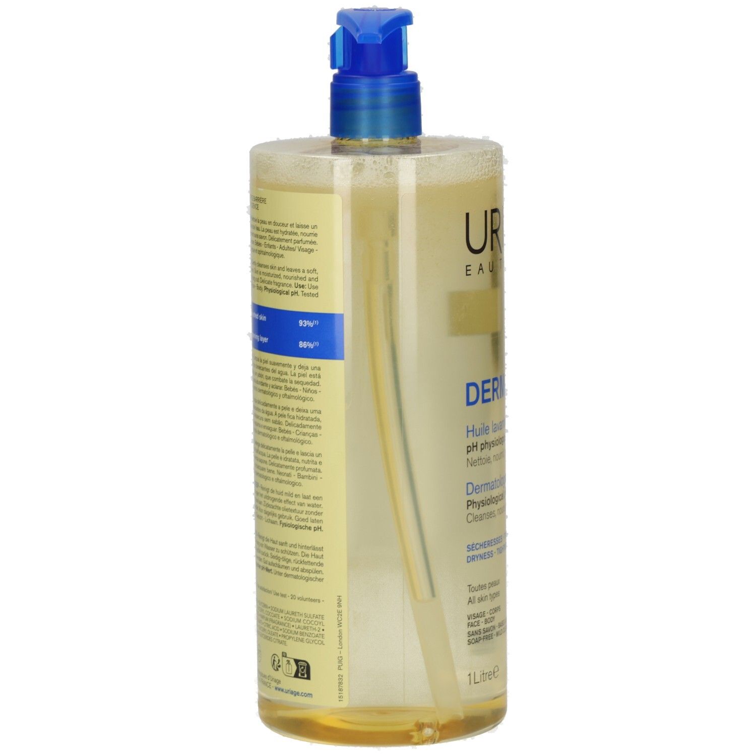 Durchsichtige Flasche mit blauem Pumpverschluss. Rückseite mit Produktinformationen. Gelbliche Flüssigkeit sichtbar.