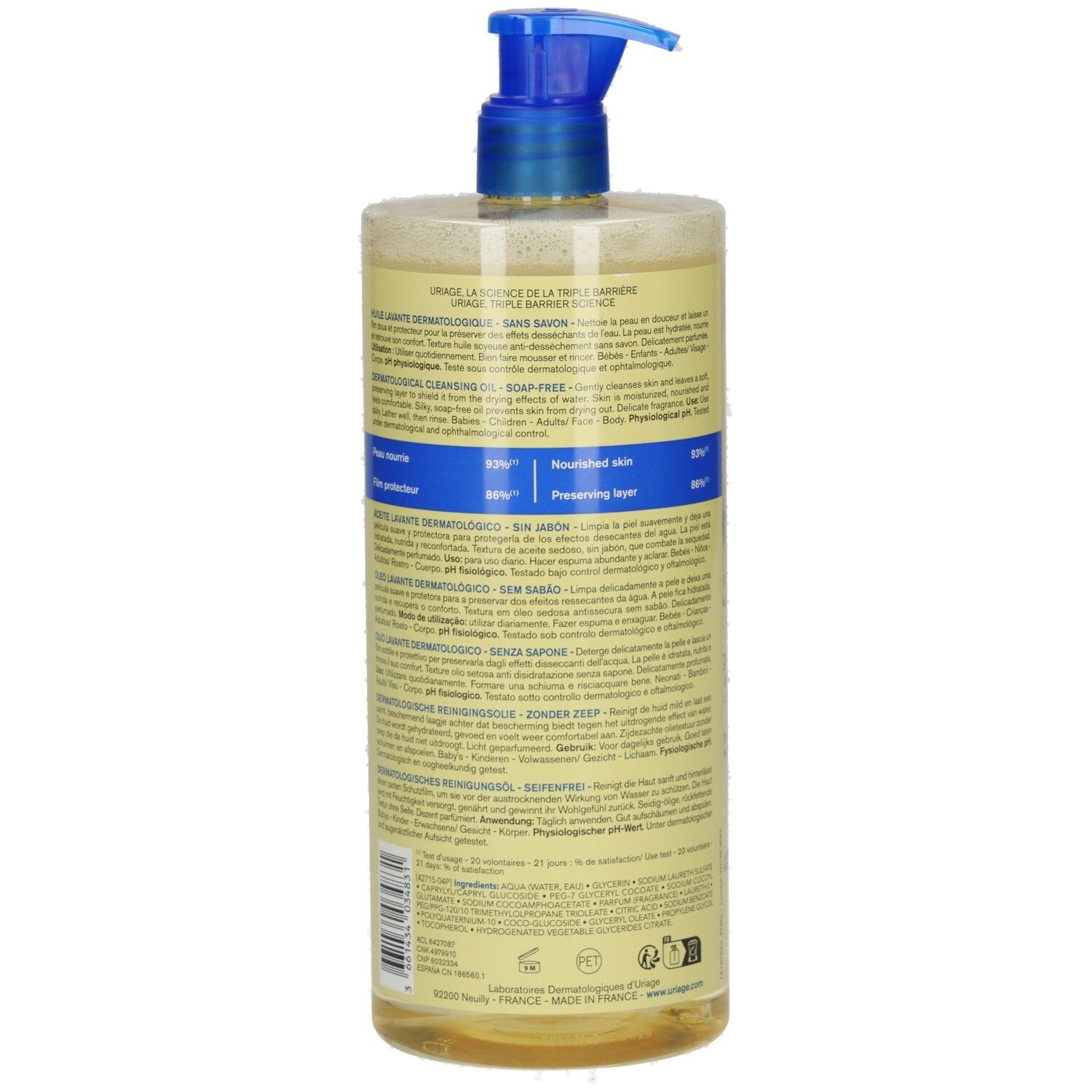 Rückseite der Flasche mit Produktinformationen in verschiedenen Sprachen. Gelbliche Flüssigkeit sichtbar.