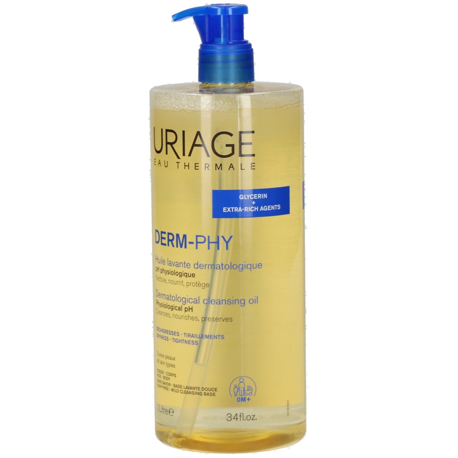 Klare Flasche mit blauem Pumpverschluss. Aufschrift URIAGE, DERM-PHY, und weitere Produktinformationen. Gelbliche Flüssigkeit sichtbar.