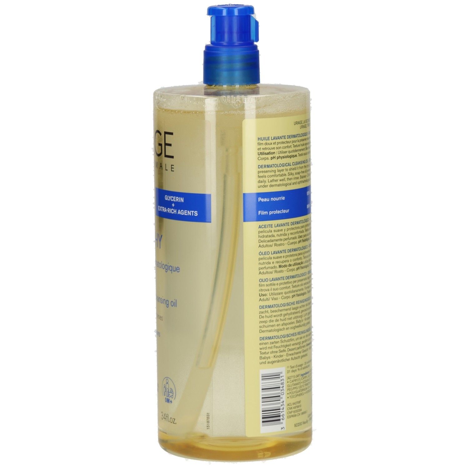 Durchsichtige Flasche mit blauem Pumpverschluss. Rückseite mit Produktinformationen. Gelbliche Flüssigkeit sichtbar.