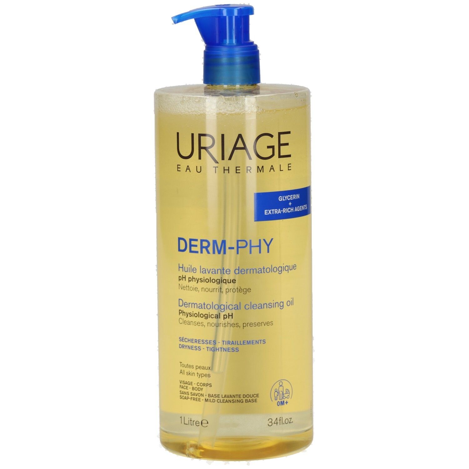 Klare Flasche mit blauem Pumpverschluss. Aufschrift URIAGE, DERM-PHY, und weitere Produktinformationen. Gelbliche Flüssigkeit sichtbar.