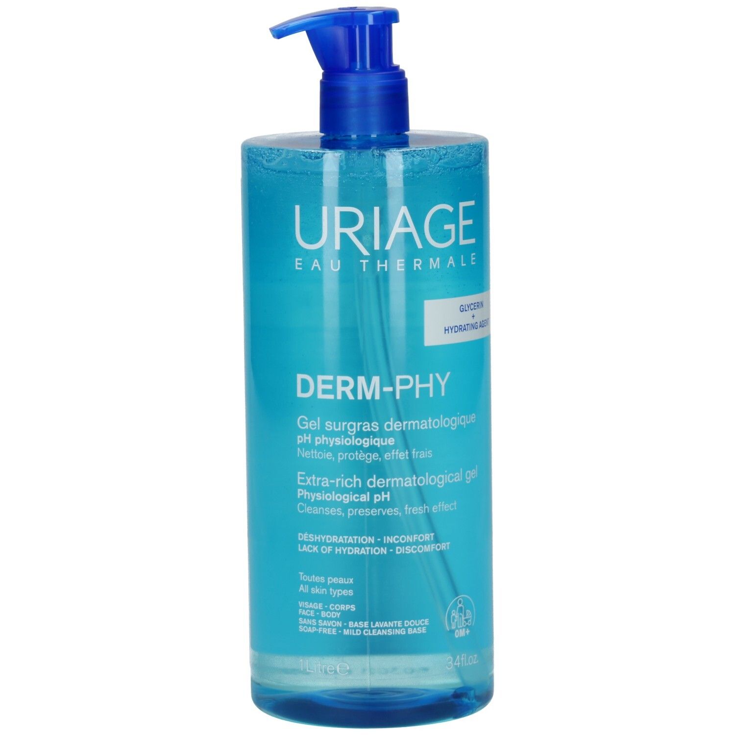 Blau-transparente Flasche mit blauem Pumpkopf. Aufschrift: URIAGE, DERM-PHY, Gel surgras dermatologique pH physiologique.