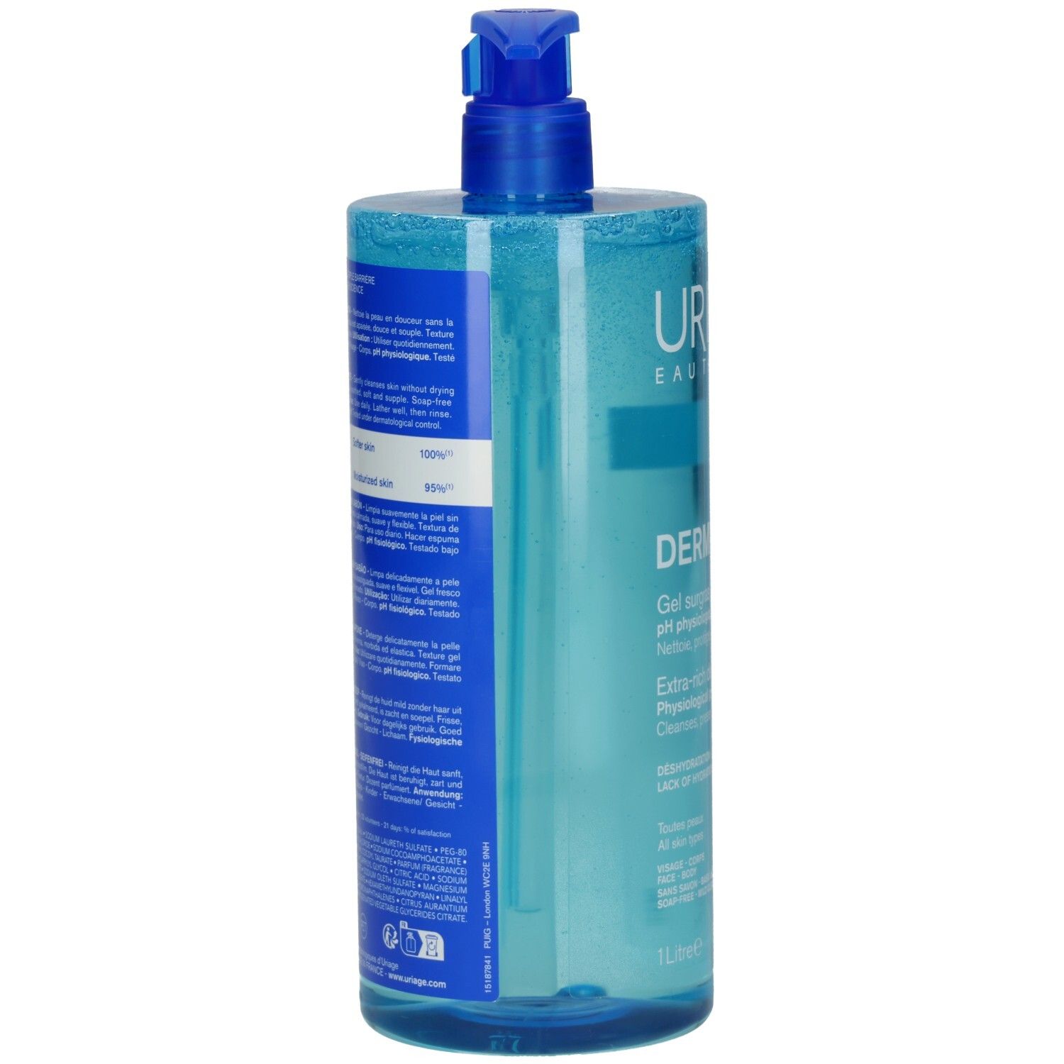 Rückansicht der blauen Flasche. Aufschrift: URIAGE, DERM-PHY. Text in mehreren Sprachen. 1L-Markierung.
