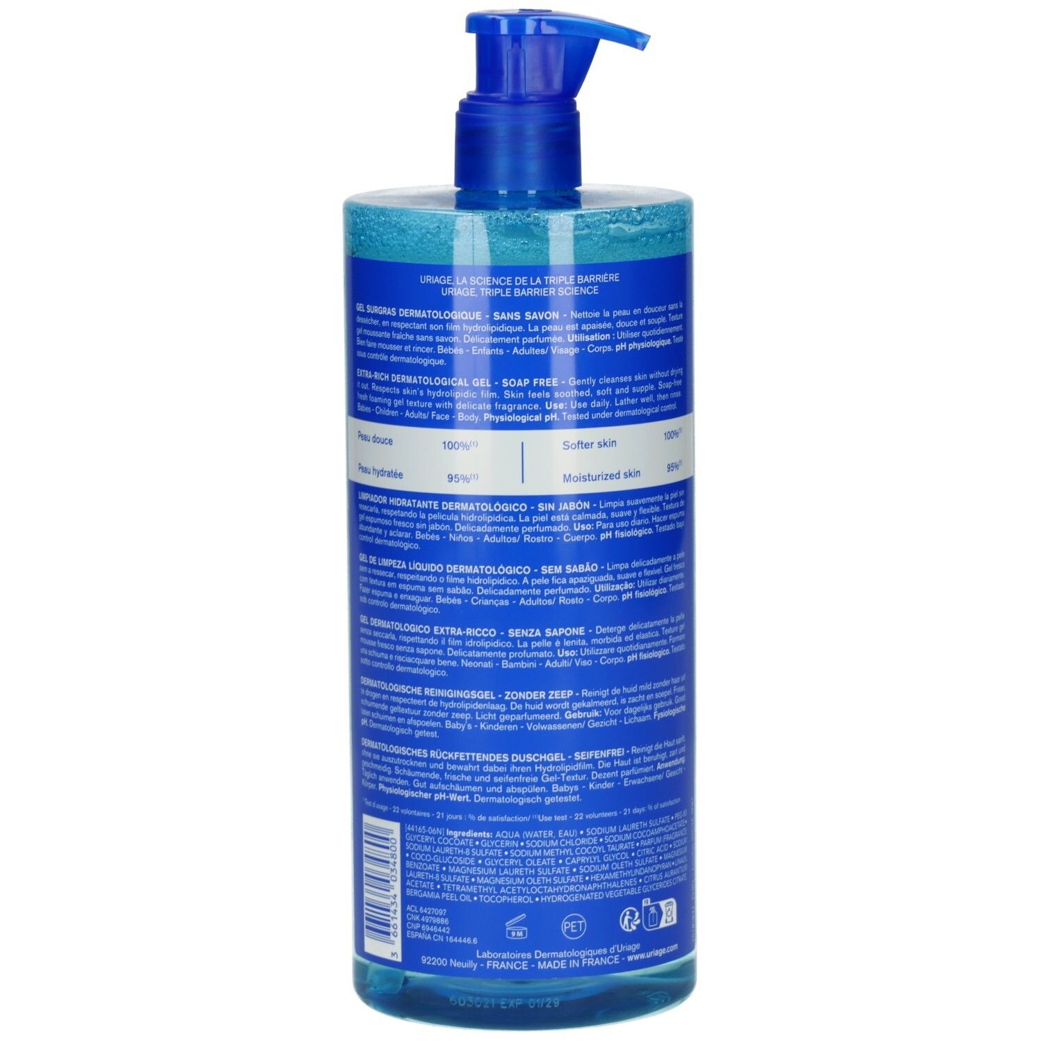 Rückansicht der blauen Flasche. Text in mehreren Sprachen. Produktinformationen und Inhaltsstoffe.