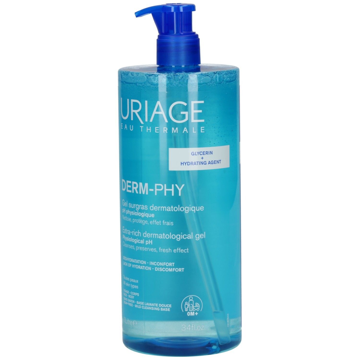 Blau-transparente Flasche mit blauem Pumpkopf. Aufschrift: URIAGE, DERM-PHY, Gel surgras dermatologique pH physiologique.