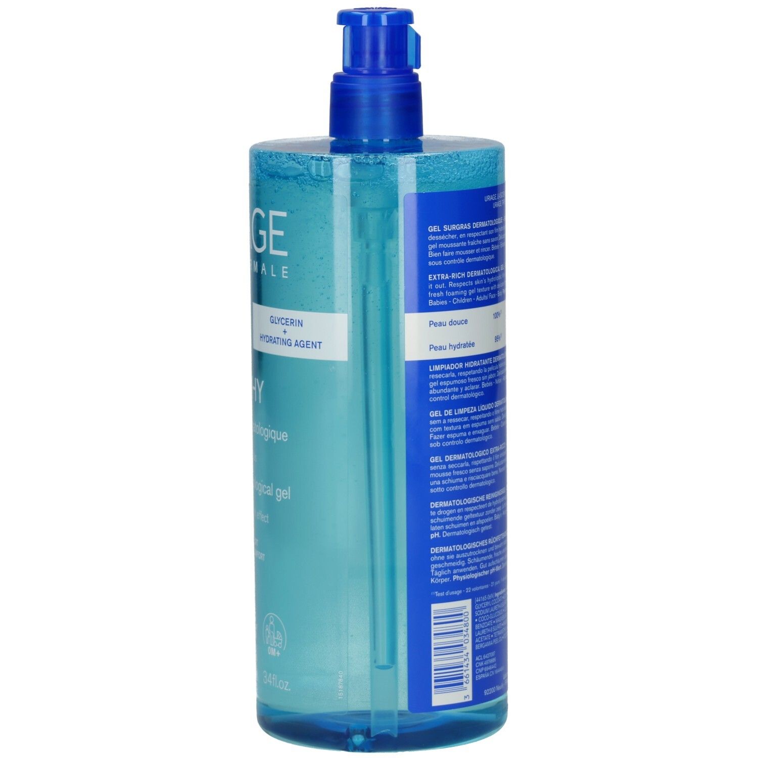 Rückansicht der blauen Flasche. Aufschrift: URIAGE, DERM-PHY. Text in mehreren Sprachen. Barcode.