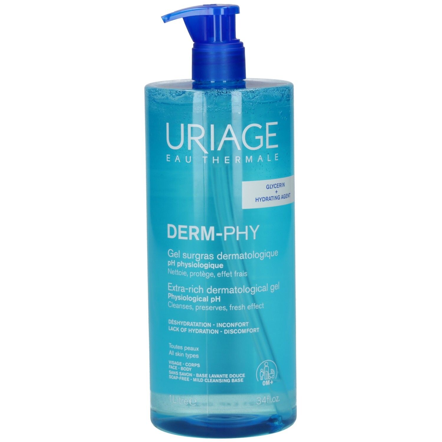 Blau-transparente Flasche mit blauem Pumpkopf. Aufschrift: URIAGE, DERM-PHY, Gel surgras dermatologique pH physiologique.
