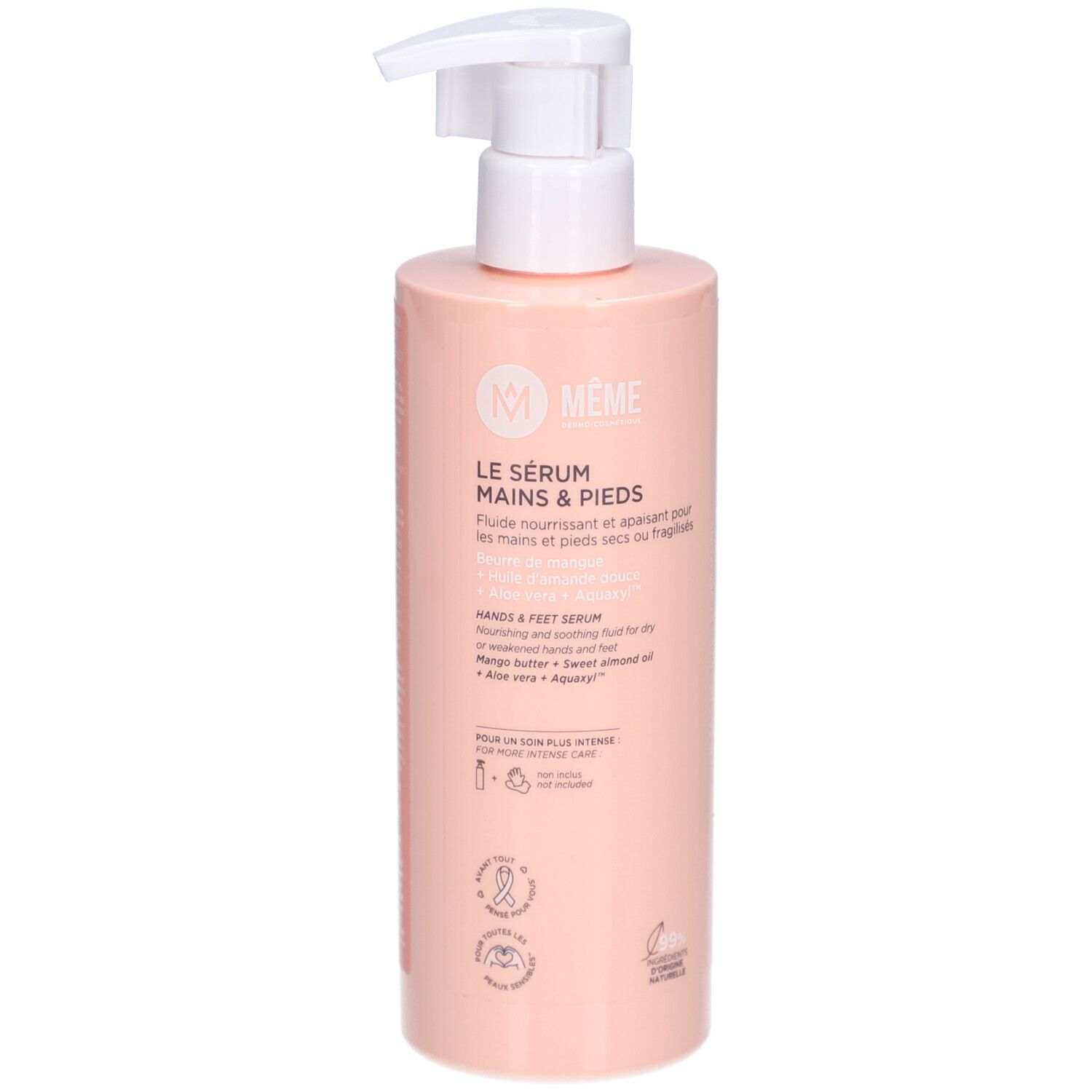 Rosa Flasche mit weißem Pumpkopf. Aufschrift: MÊME, Le Sérum Mains & Pieds. Enthält Aloe Vera und Süßmandelöl.