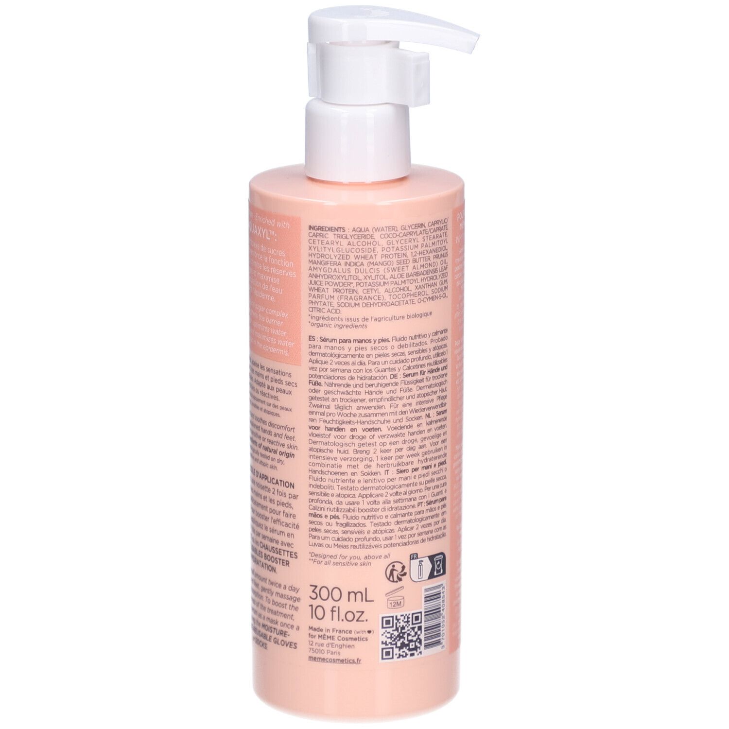 Rückseite der rosa Flasche mit Text. Enthält Inhaltsstoffe, Anwendungshinweise und Volumenangabe: 300 ml.