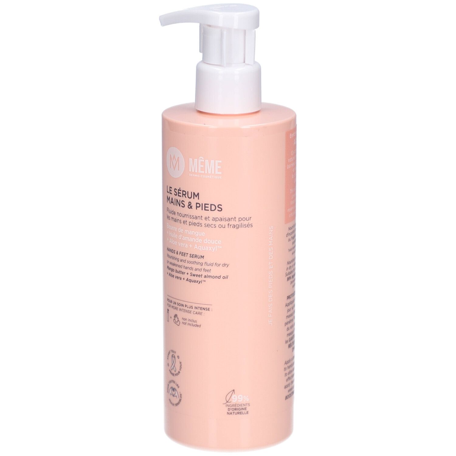 Rosa Flasche mit weißem Pumpkopf. Aufschrift: MÊME, Le Sérum Mains & Pieds. Enthält Aloe Vera und Süßmandelöl.