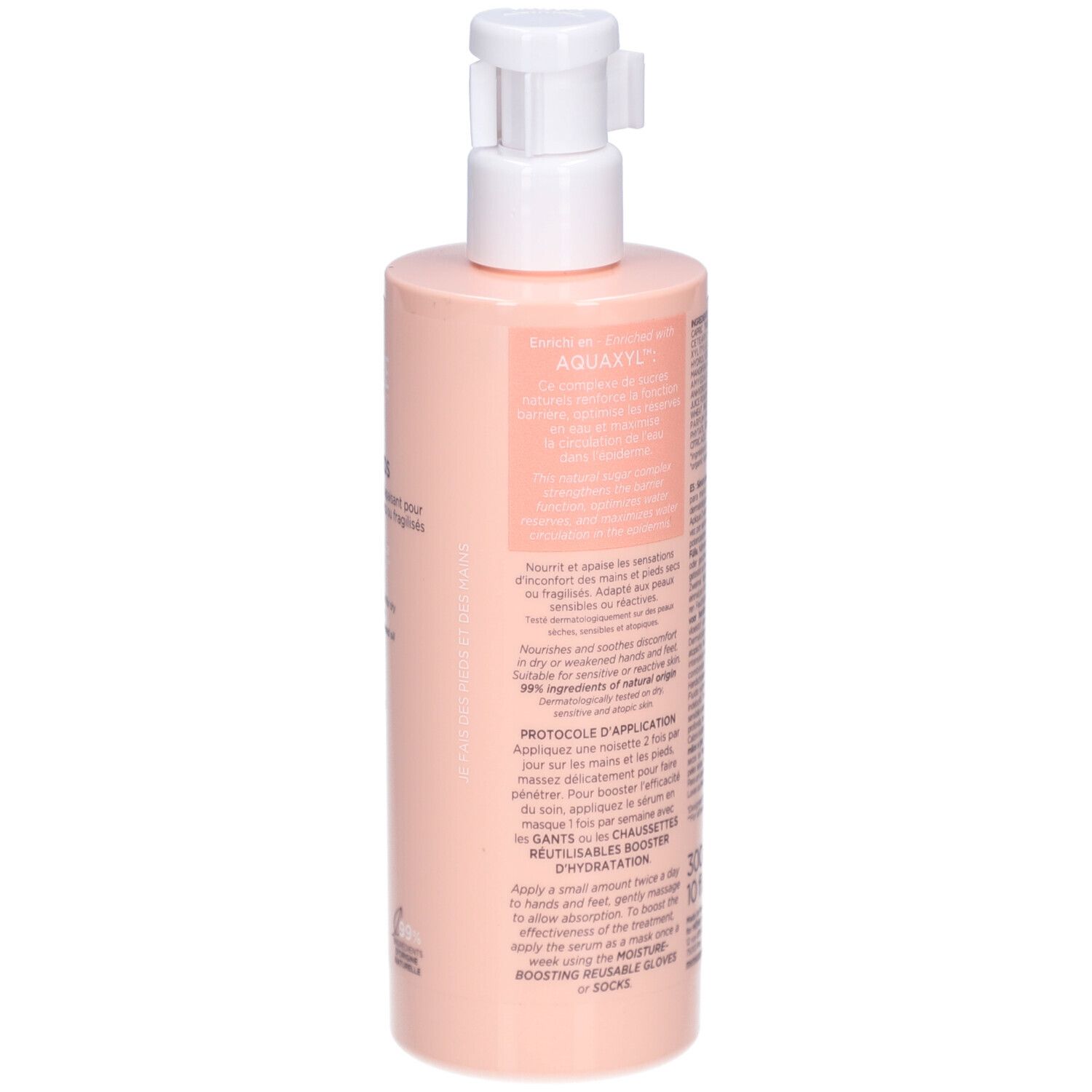 Rückseite der rosa Flasche mit Text. Enthält Informationen über das Produkt, Anwendungshinweise und Inhaltsstoffe.