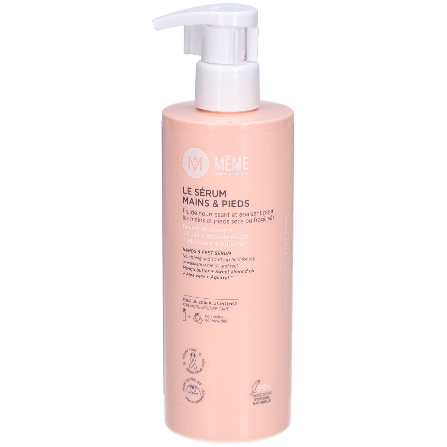 Rosa Flasche mit weißem Pumpkopf. Aufschrift: MÊME, Le Sérum Mains & Pieds. Enthält Aloe Vera und Süßmandelöl.