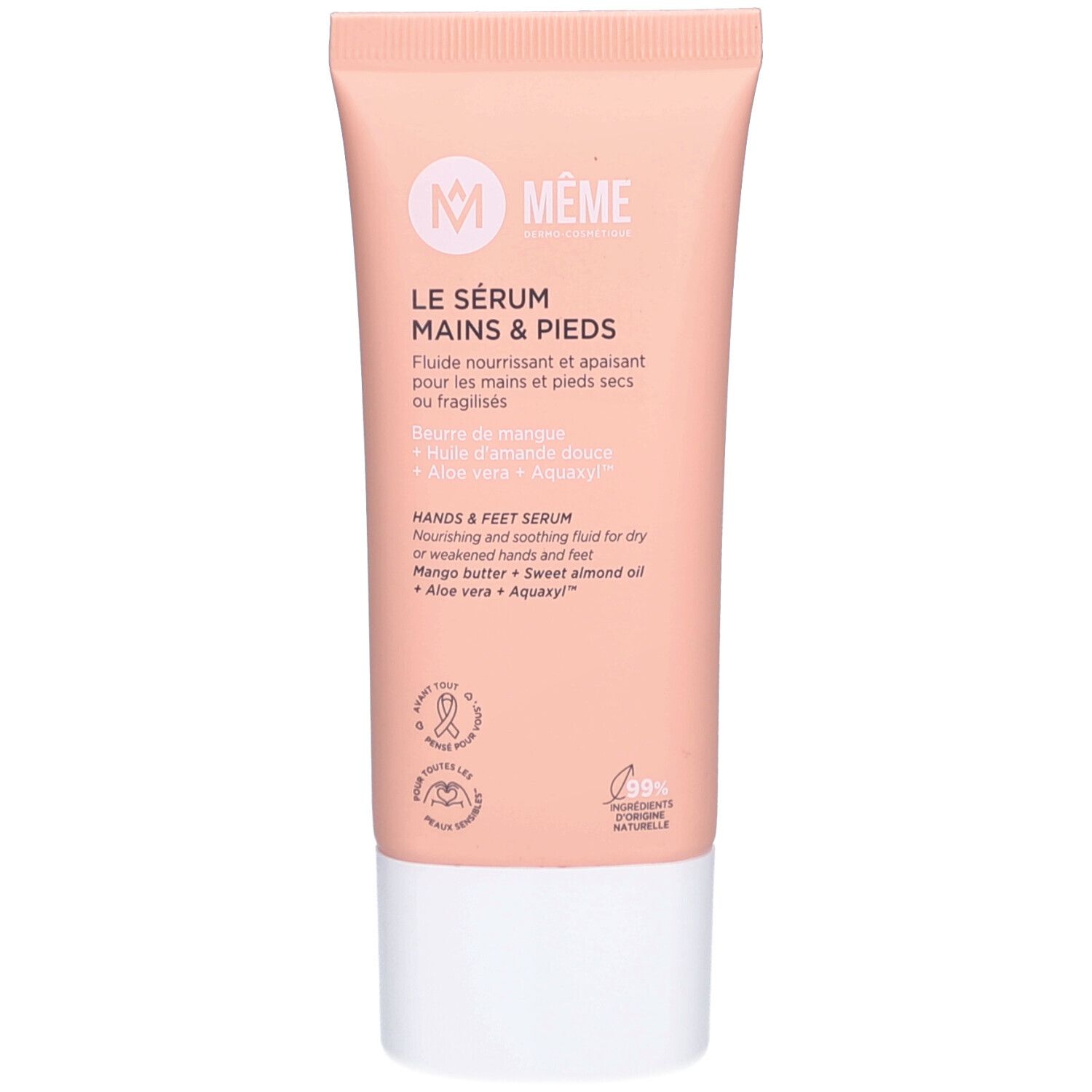 Rosa Tube mit weißem Verschluss. Aufschrift: MÊME, Le Sérum Mains & Pieds. Enthält Mango-Butter, Aloe Vera und Aquaxyl.