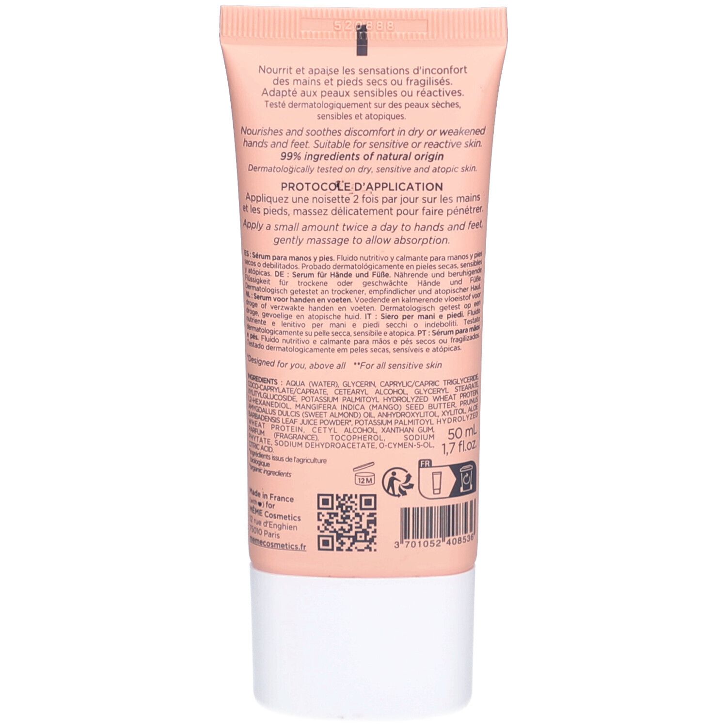 Rückseite der Tube. Text: Nährt und beruhigt trockene oder strapazierte Hände und Füße. 99% Inhaltsstoffe natürlichen Ursprungs.