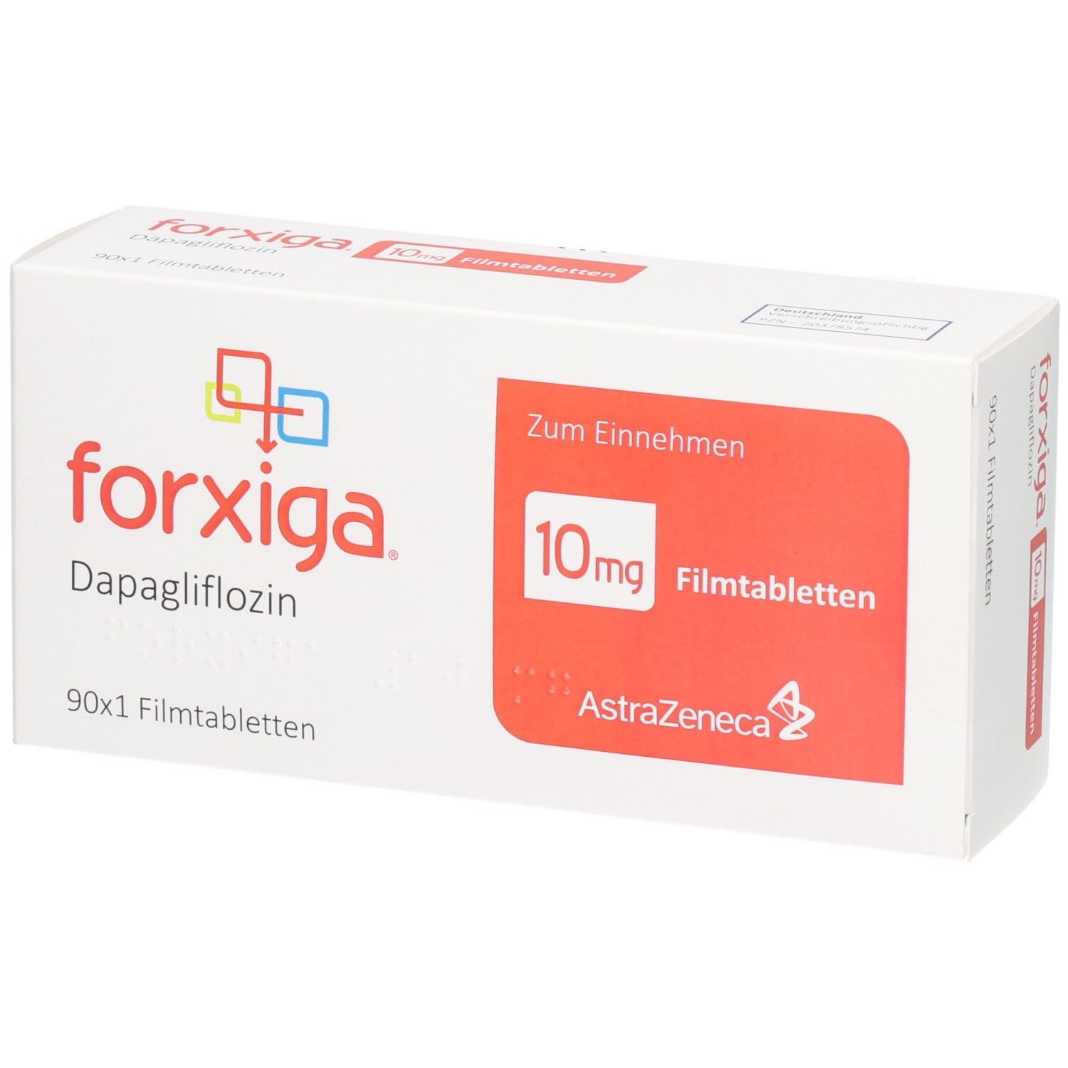 Forxiga 10mg Filmtabletten Verpackung mit 90x1 Tabletten. Enthält Dapagliflozin. Hersteller AstraZeneca.