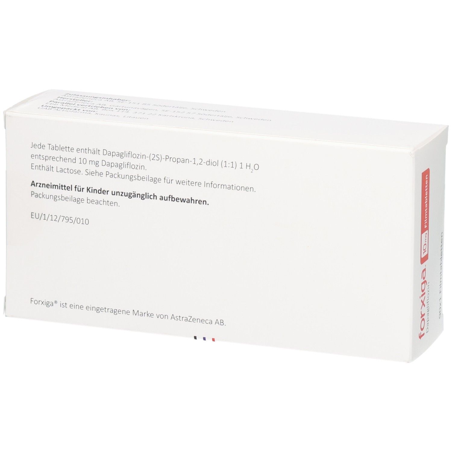 Rückseite der Forxiga 10mg Filmtabletten Verpackung mit Dosierungsangaben und Herstellerinformationen.