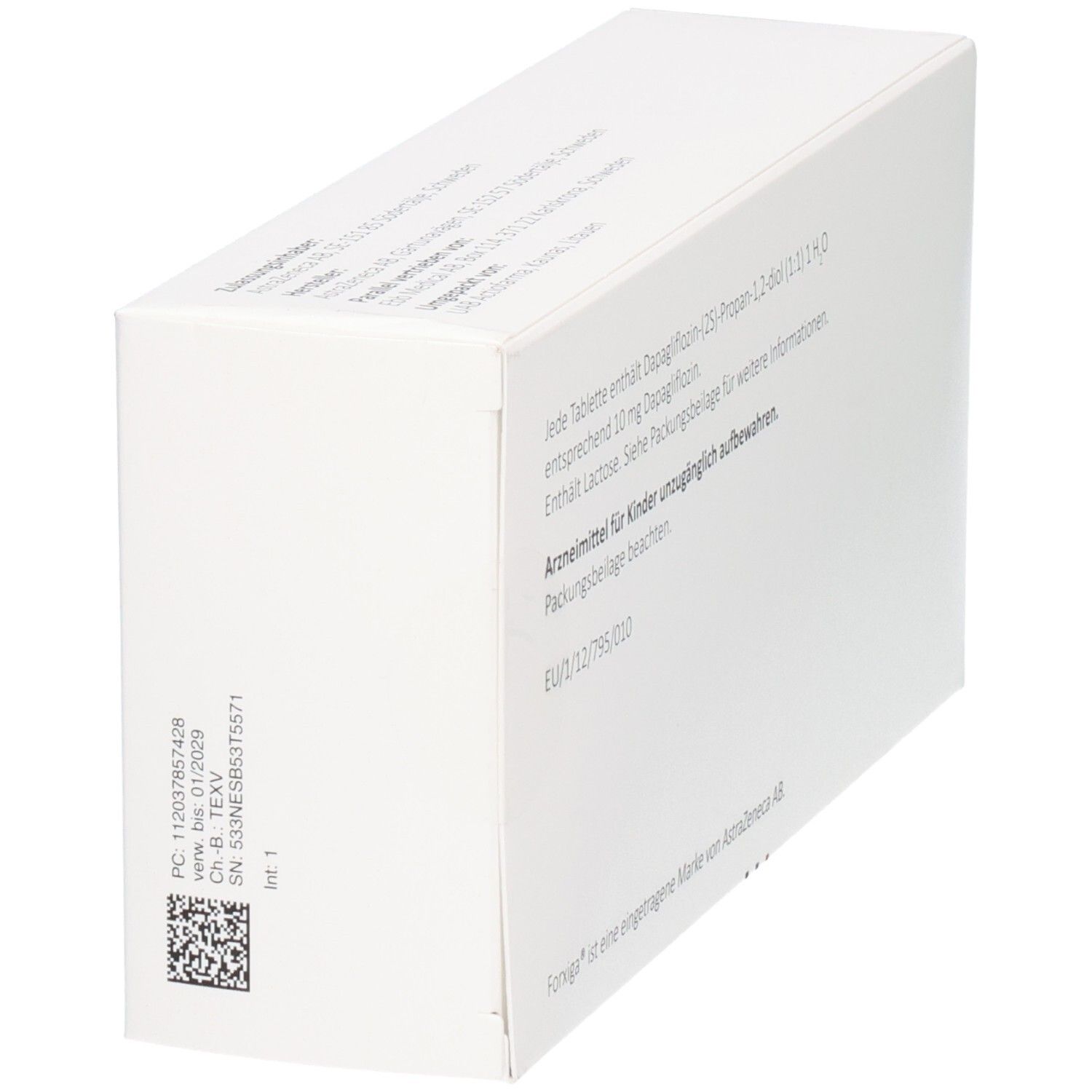 Seitenansicht der Forxiga 10mg Filmtabletten Verpackung mit Chargennummer und Verfallsdatum.