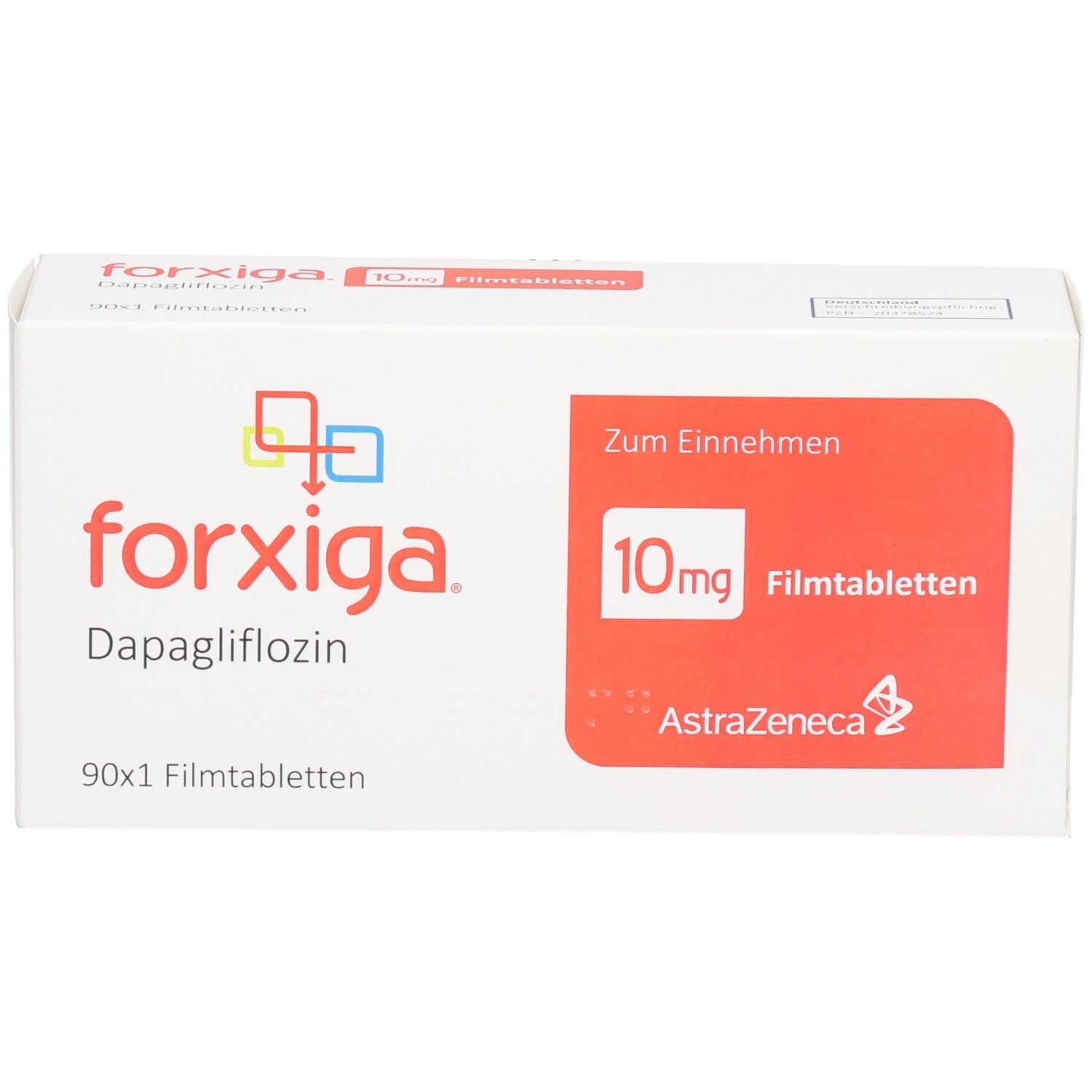 Forxiga 10mg Filmtabletten Verpackung mit 90x1 Tabletten. Enthält Dapagliflozin. Hersteller AstraZeneca.