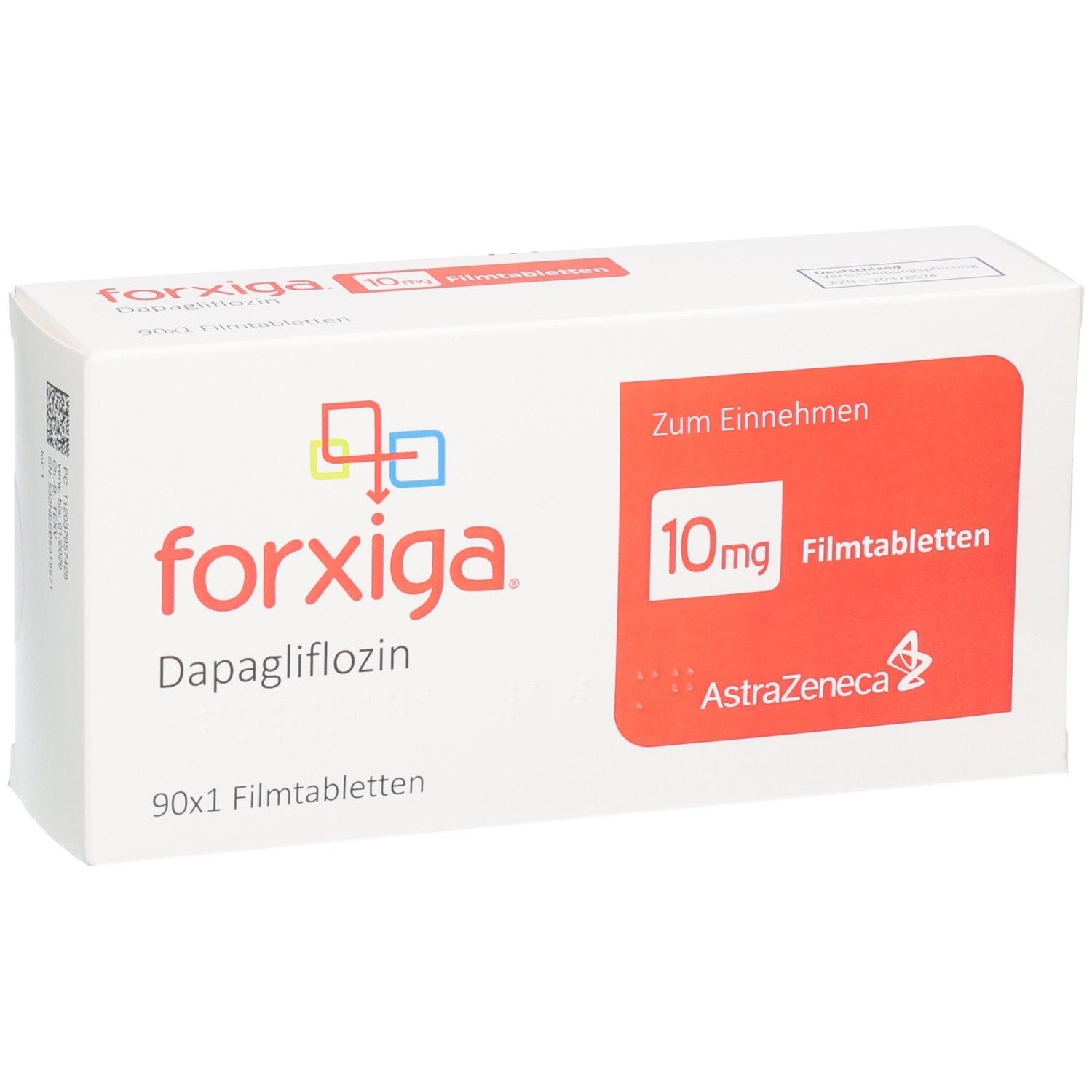 Forxiga 10mg Filmtabletten Verpackung mit 90x1 Tabletten. Enthält Dapagliflozin. Hersteller AstraZeneca.