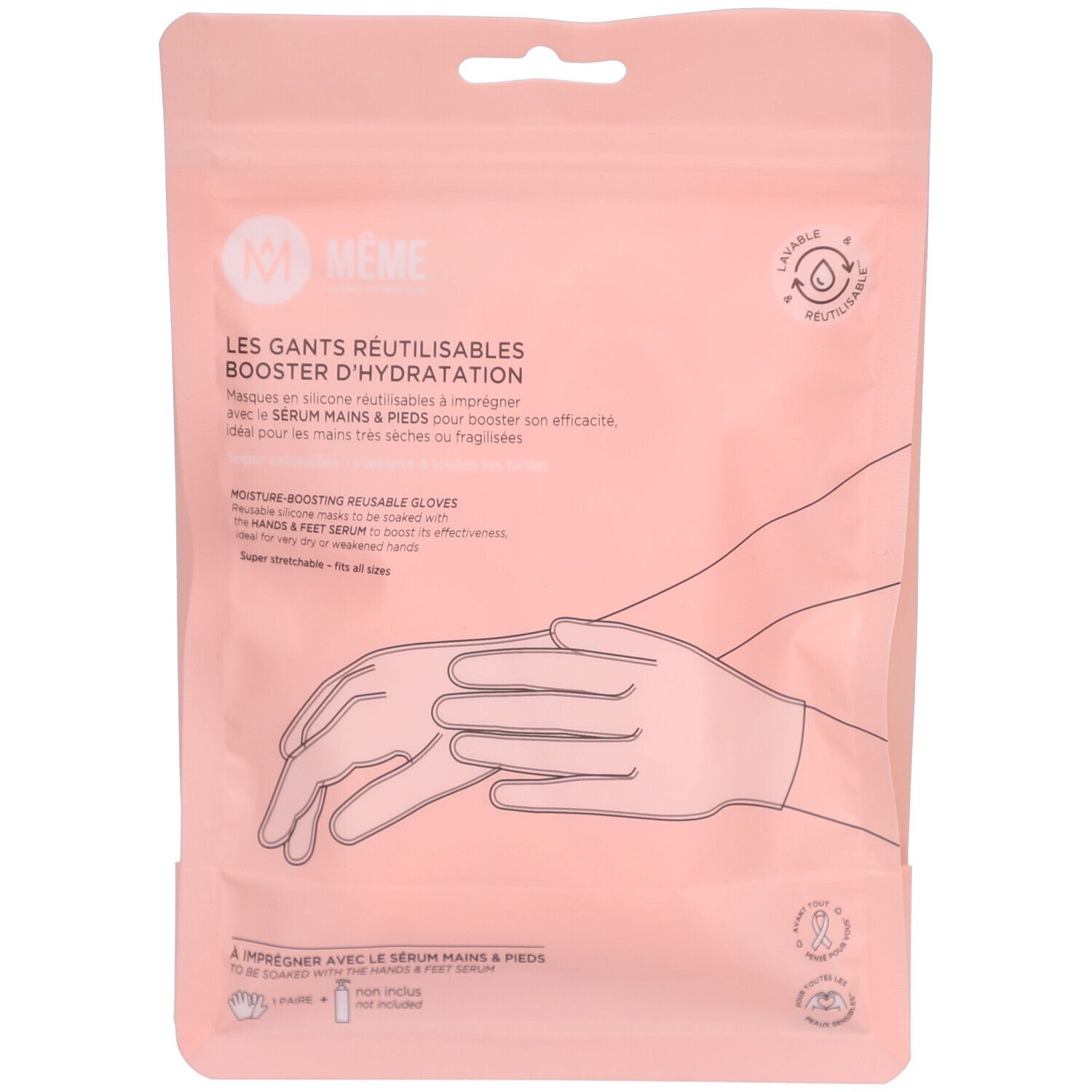 Rosa Verpackung mit Umriss von Handschuhen. Text: MÊME, wiederverwendbare Handschuhe, Feuchtigkeitspflege.